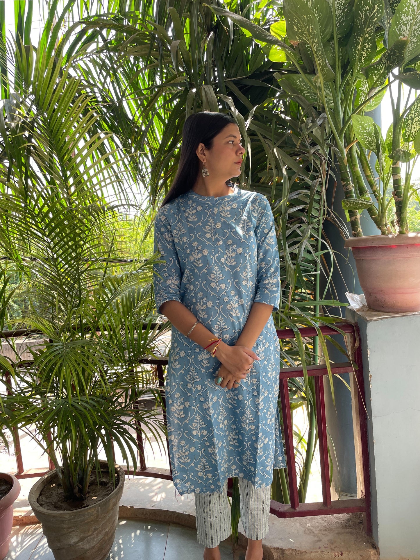 Shop Sky Blue Jaipuri Print Cotton Kurti Pant Set for Women