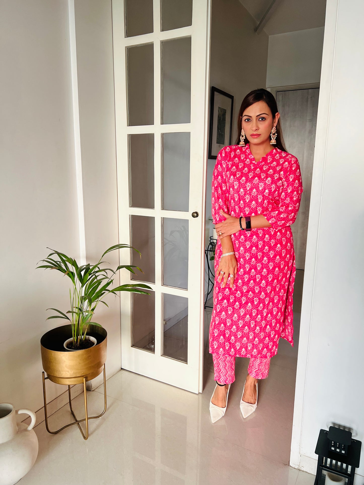 Pink Printed Kurti With Zig-Zag Cotton Pants