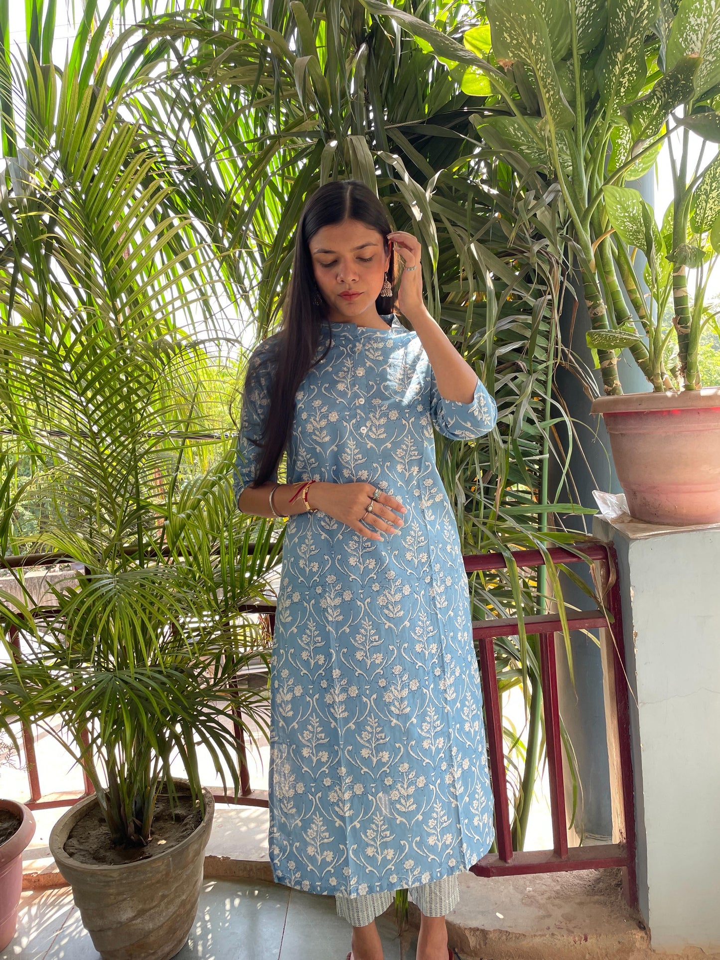 Shop Sky Blue Jaipuri Print Cotton Kurti Pant Set for Women