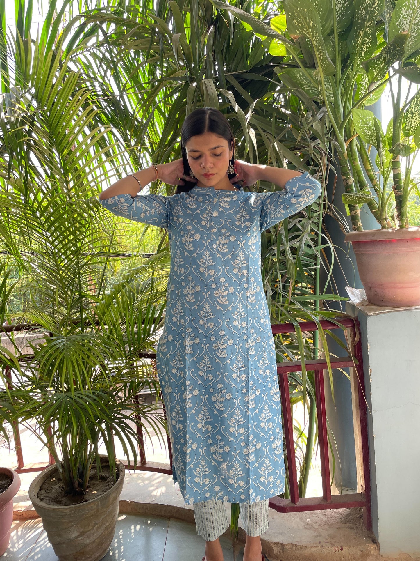 Shop Sky Blue Jaipuri Print Cotton Kurti Pant Set for Women