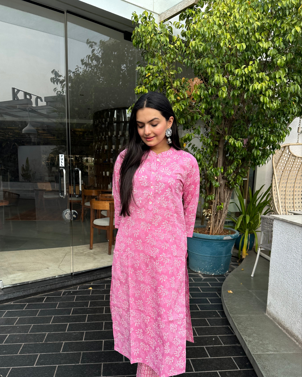 Flamingo Pink Nature Leaf Print Only Kurti