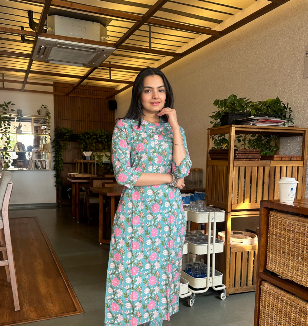 Turkish Blue Sanganeri Print Only Kurti