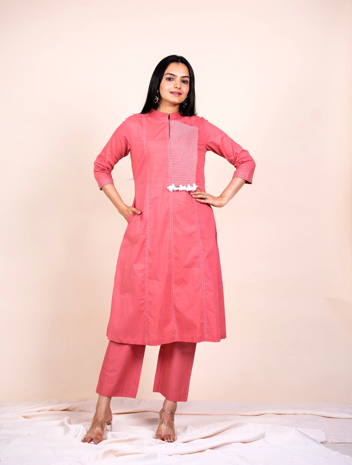 Flamingo Pink Embroidered Cotton Co-ord Set