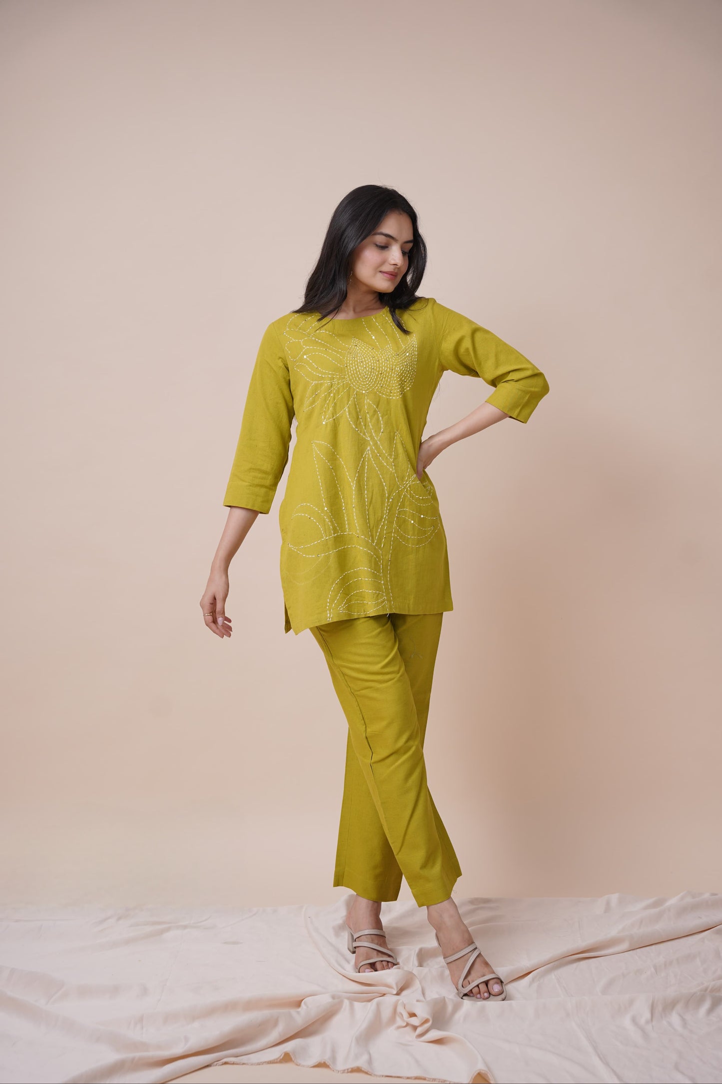 Abstract Embroidery Green Cotton Flex Co-ord Set