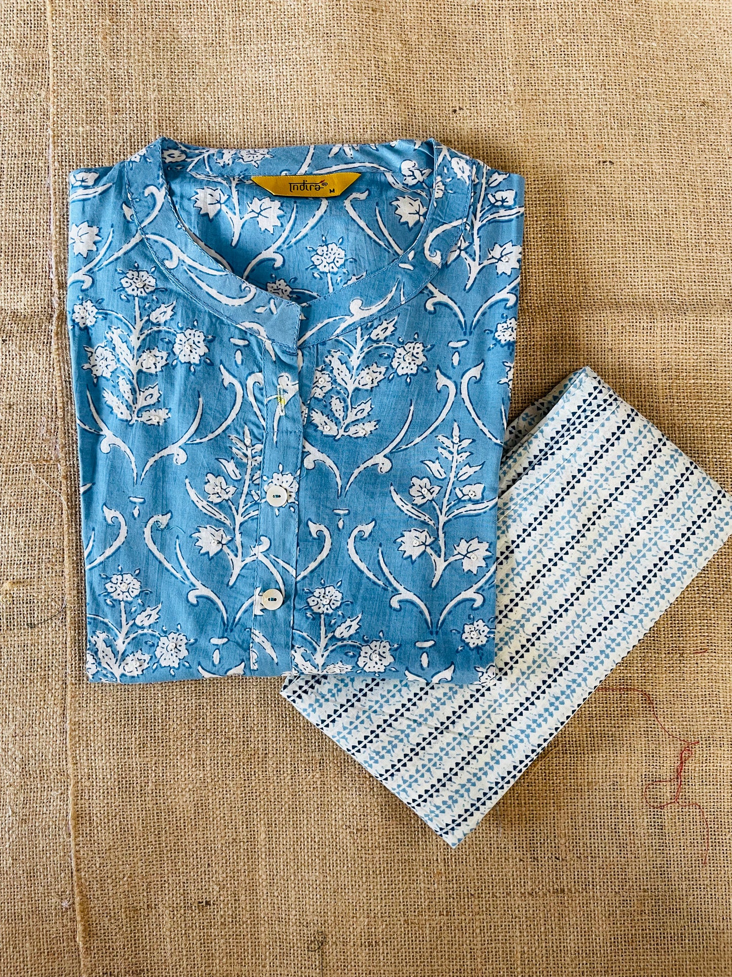 Shop Sky Blue Jaipuri Print Cotton Kurti Pant Set for Women