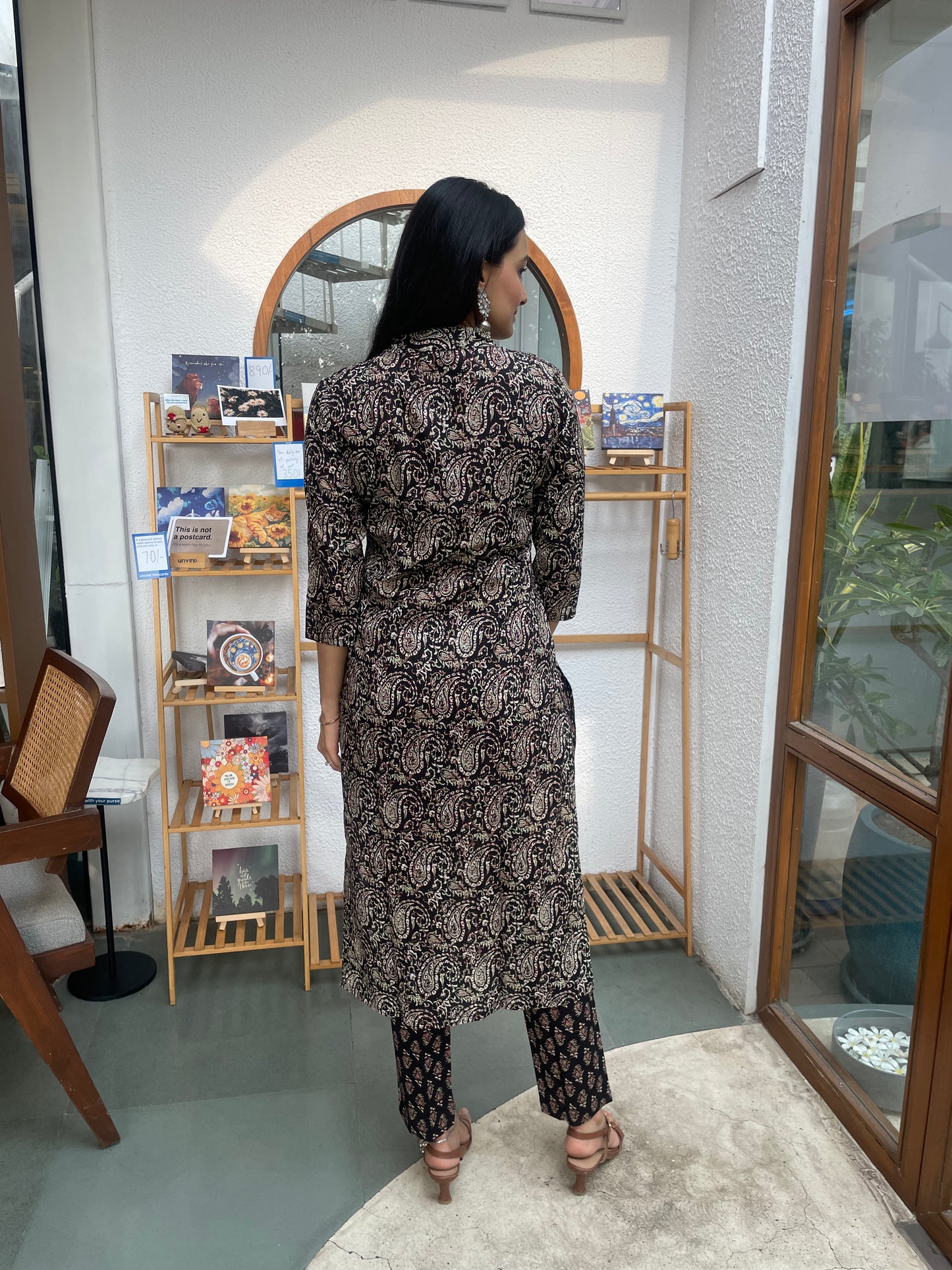 Black Paisley Motifs Print Kurti Pant Set