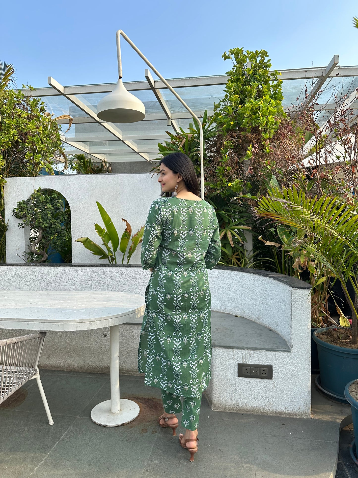 Bottle Green Forest Leaf Print Kurti Pant Set
