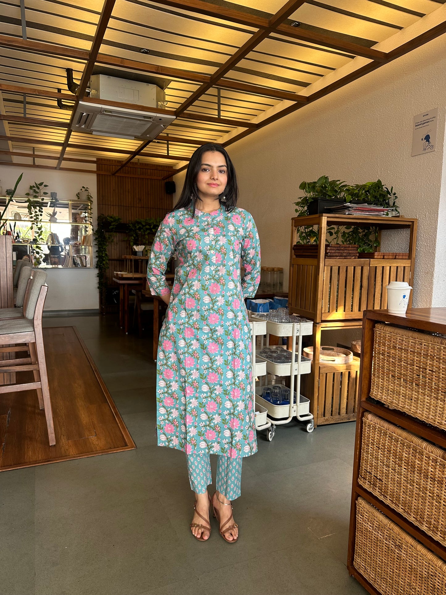 Turkish Blue Sanganeri Print Kurti Pant Set