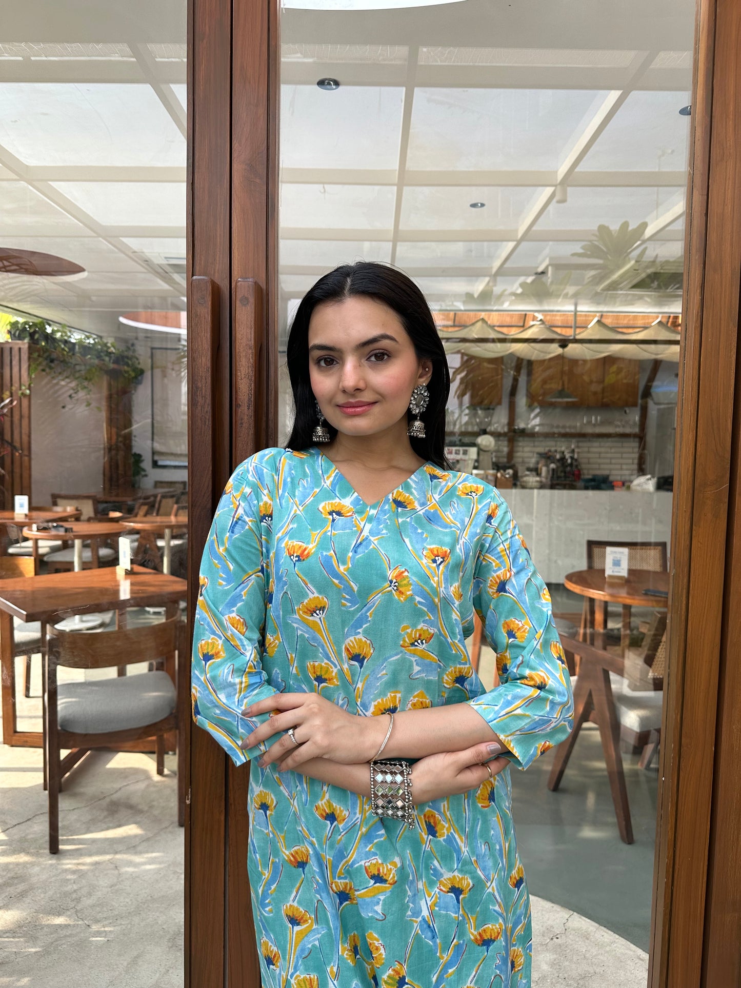 Ethnic Sky Blue Jaipuri Print Kurti Pant Set