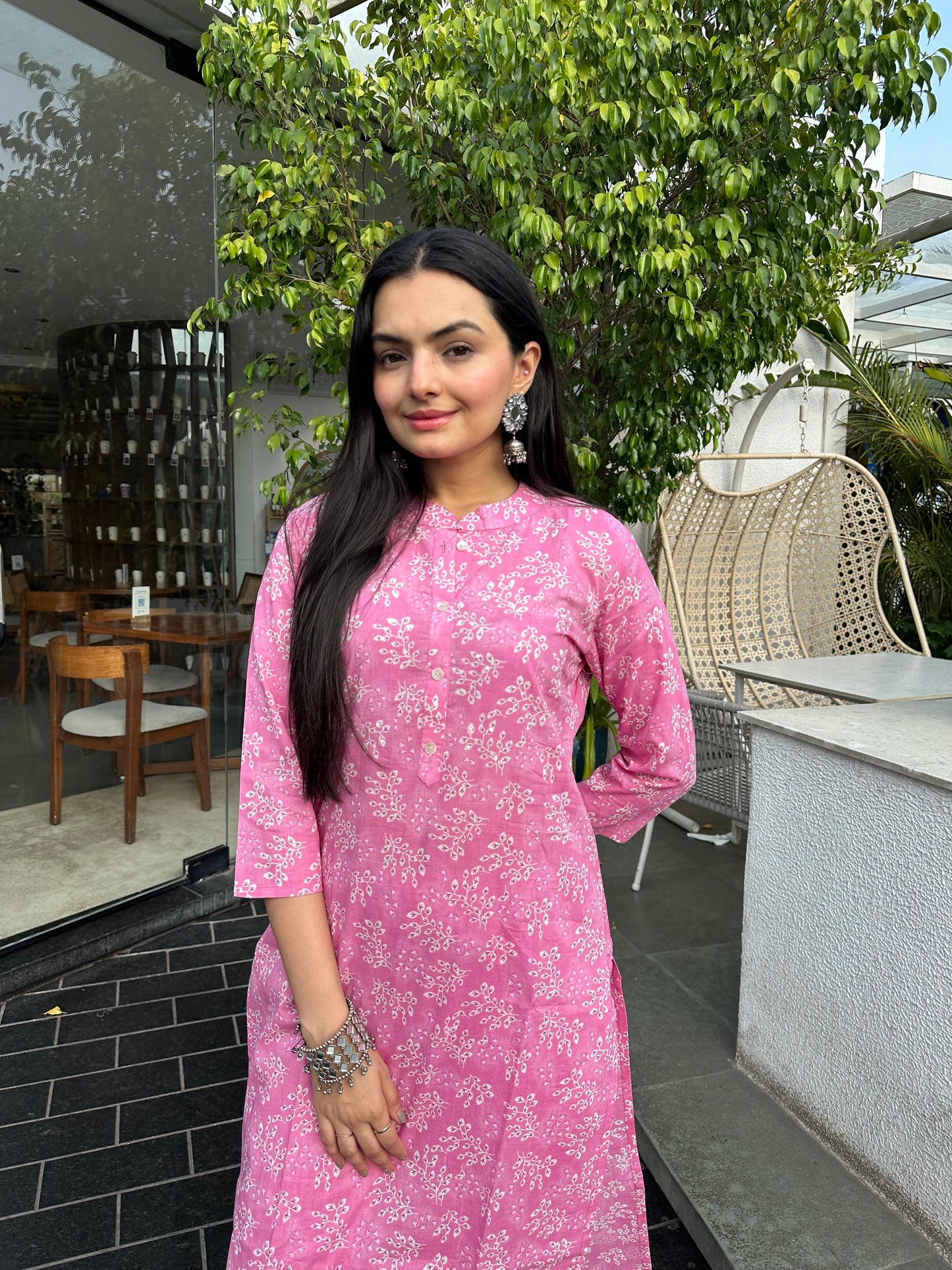 Flamingo Pink Nature Leaf Print Only Kurti