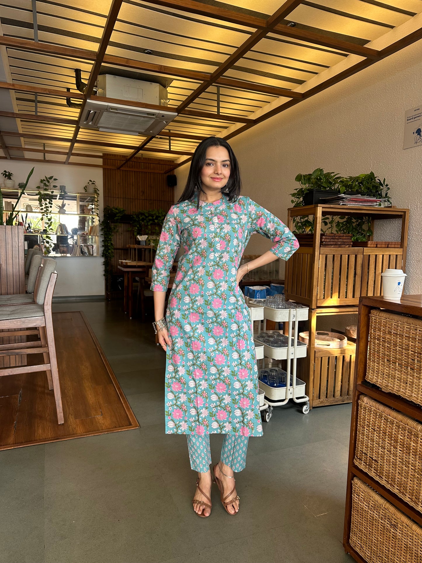 Turkish Blue Sanganeri Print Kurti Pant Set