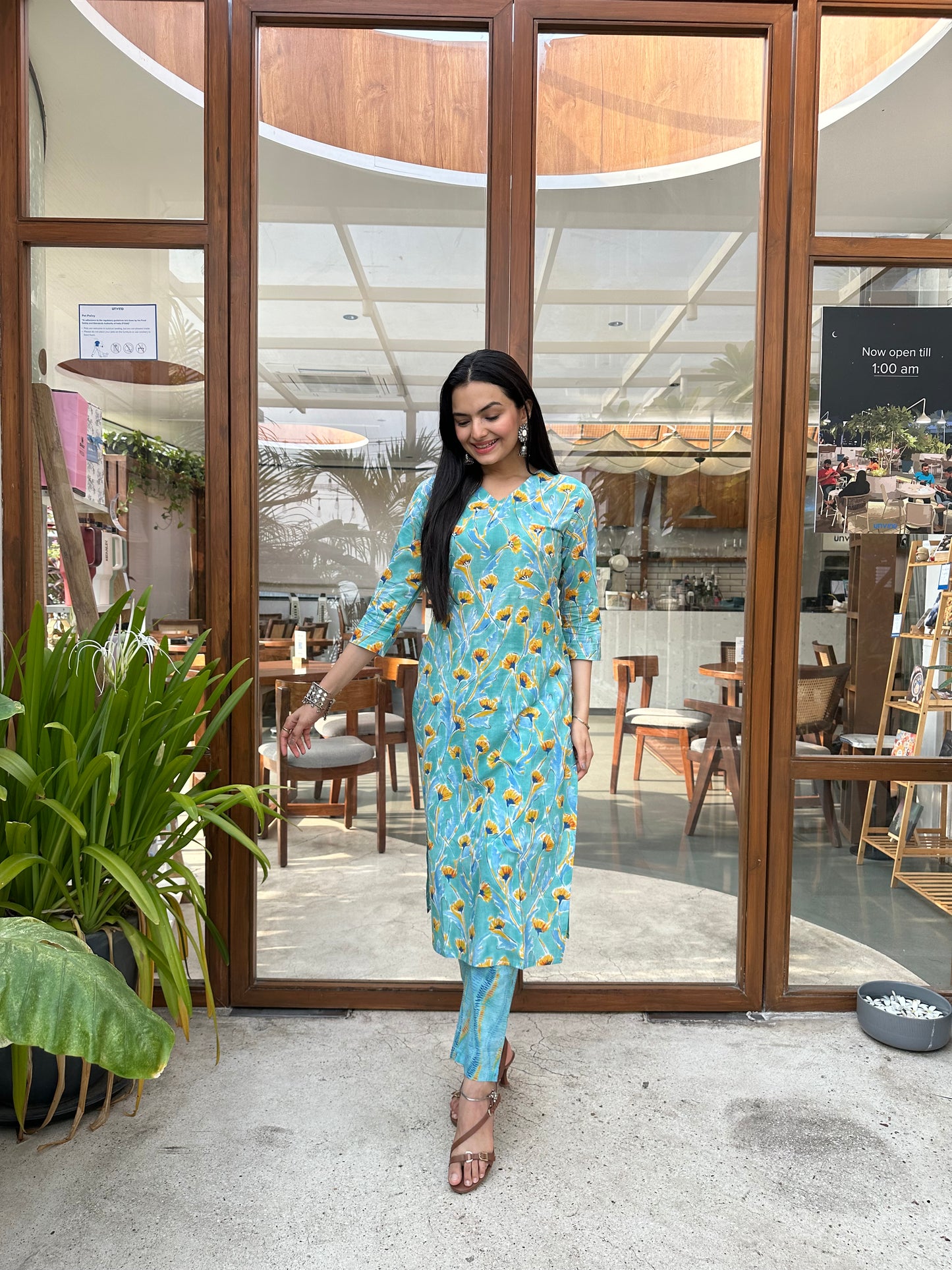 Ethnic Sky Blue Jaipuri Print Kurti Pant Set