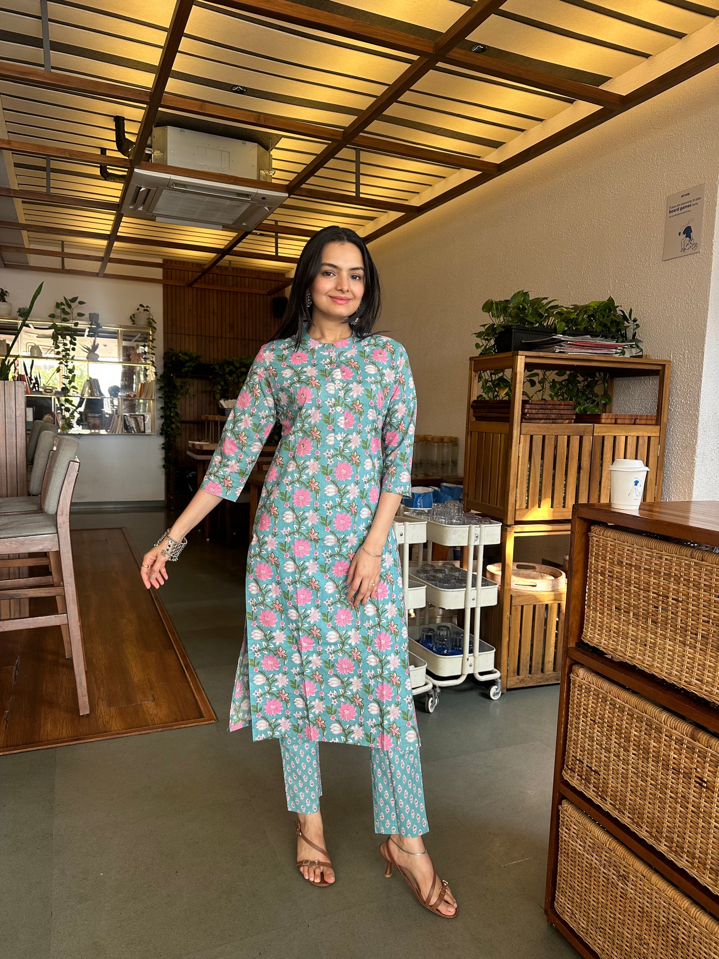 Turkish Blue Sanganeri Print Kurti Pant Set