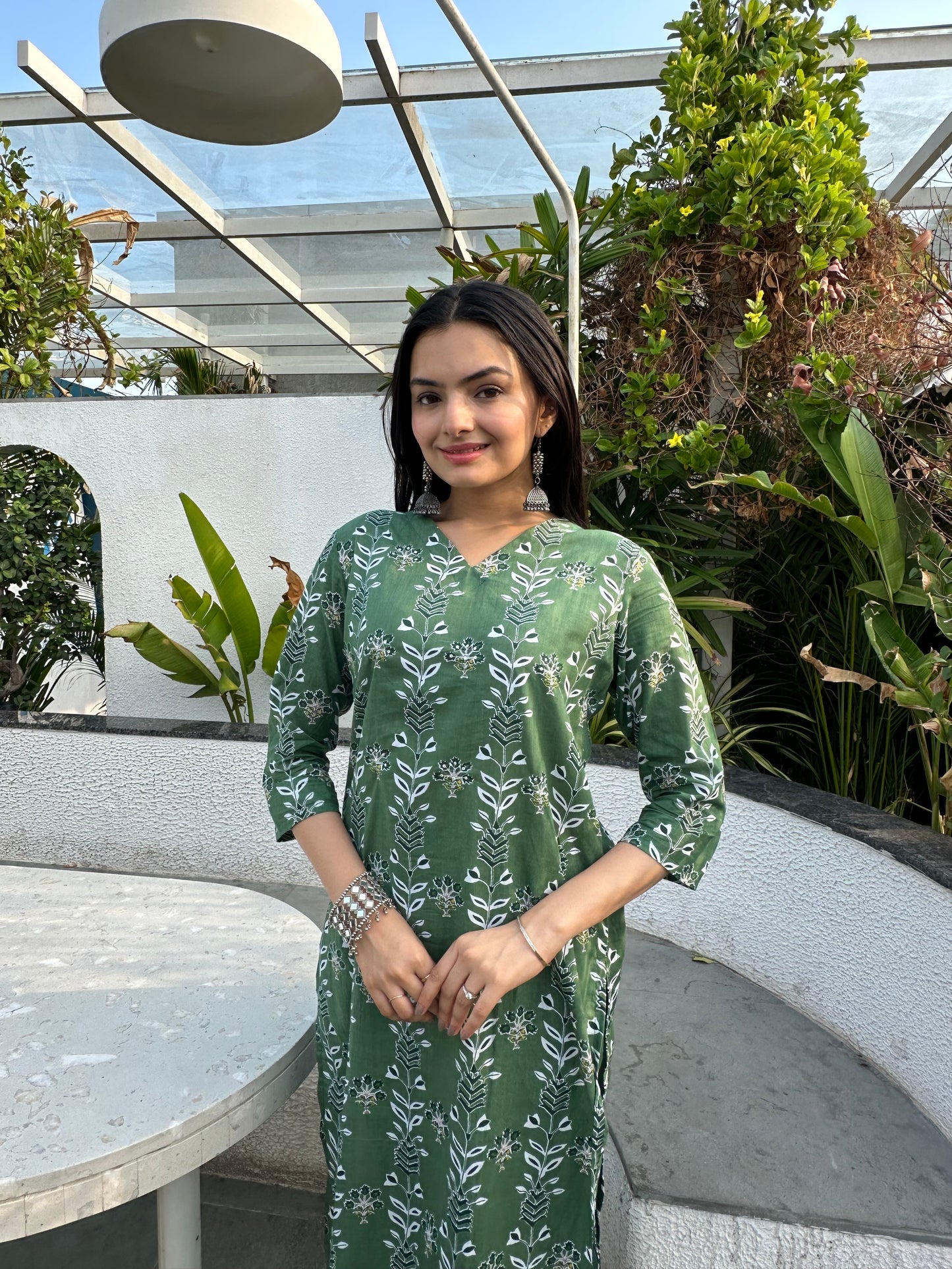 Bottle Green Forest Leaf Print Only Kurti