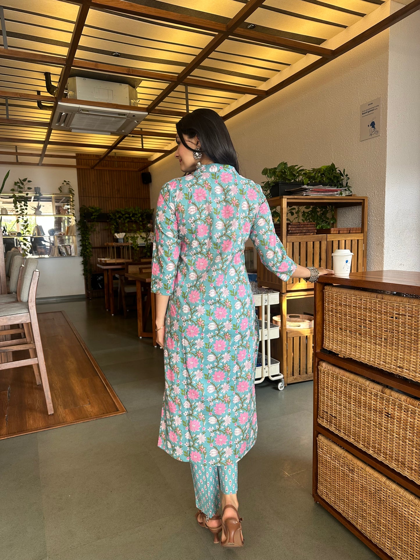 Turkish Blue Sanganeri Print Kurti Pant Set