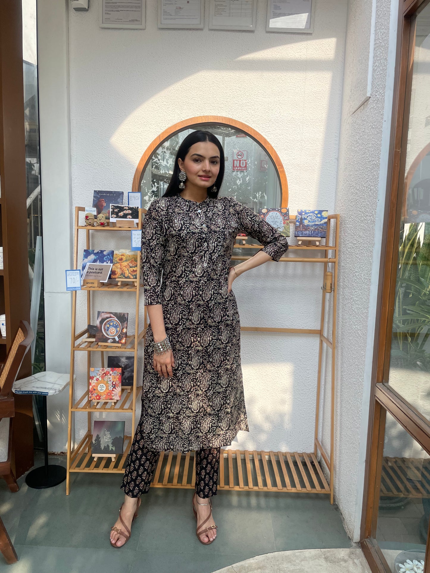 Black Paisley Motifs Print Kurti Pant Set