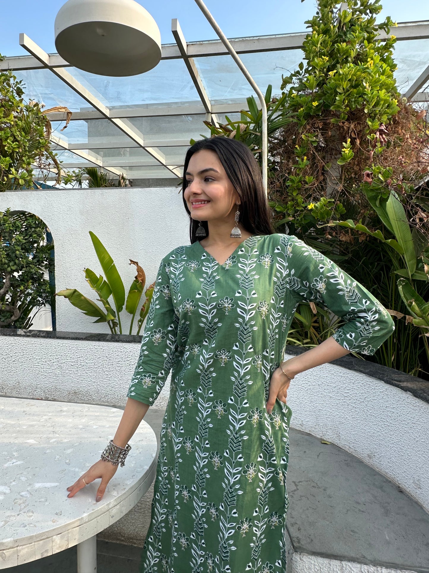 Bottle Green Forest Leaf Print Kurti Pant Set