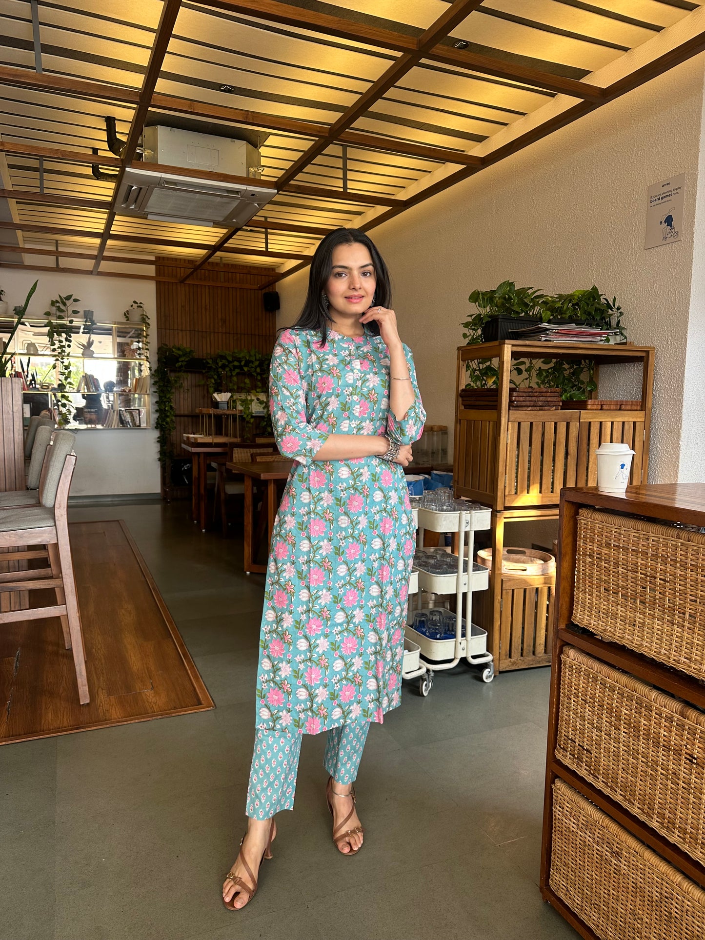 Turkish Blue Sanganeri Print Kurti Pant Set