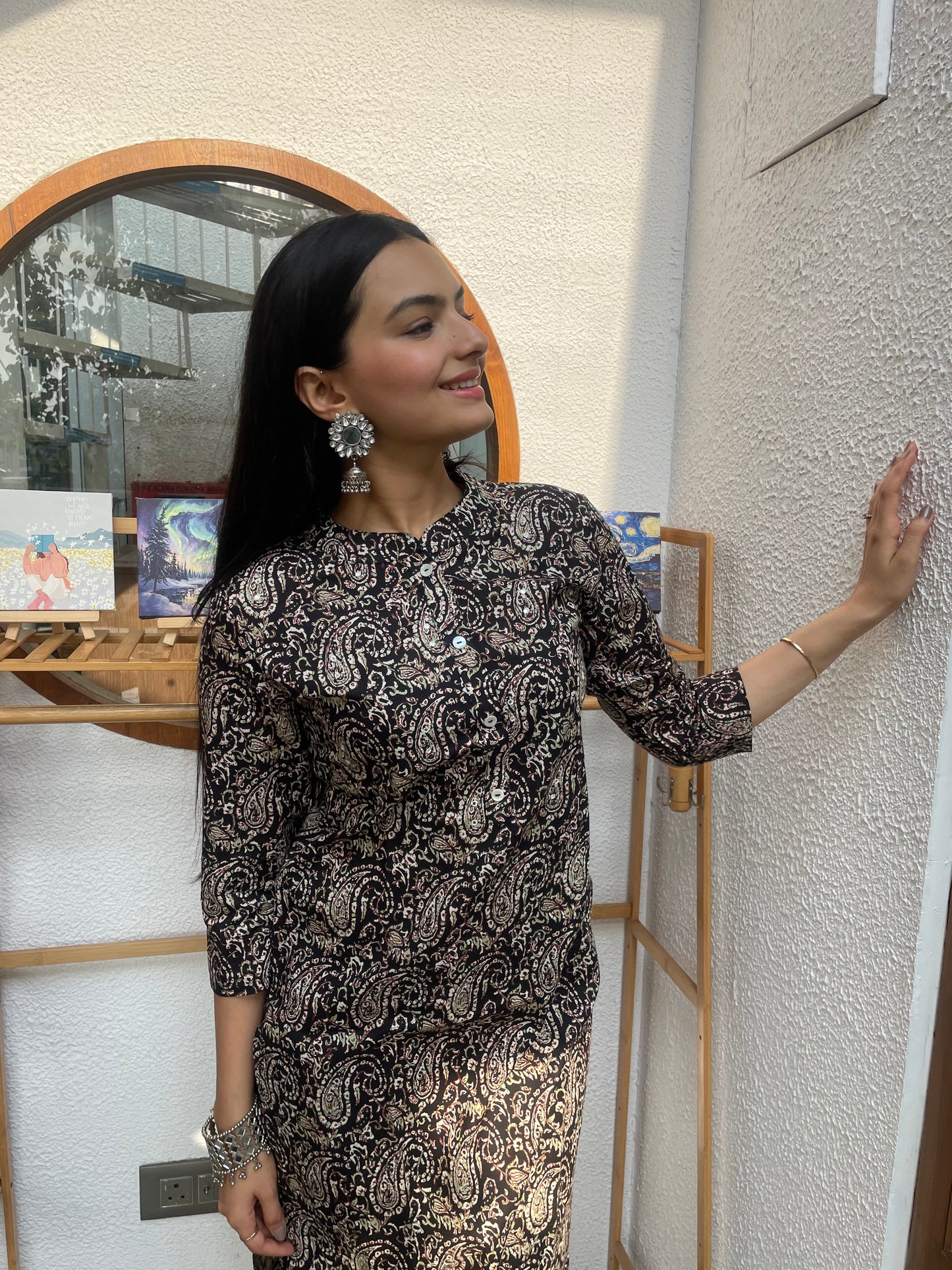 Black Paisley Motifs Print Kurti Pant Set