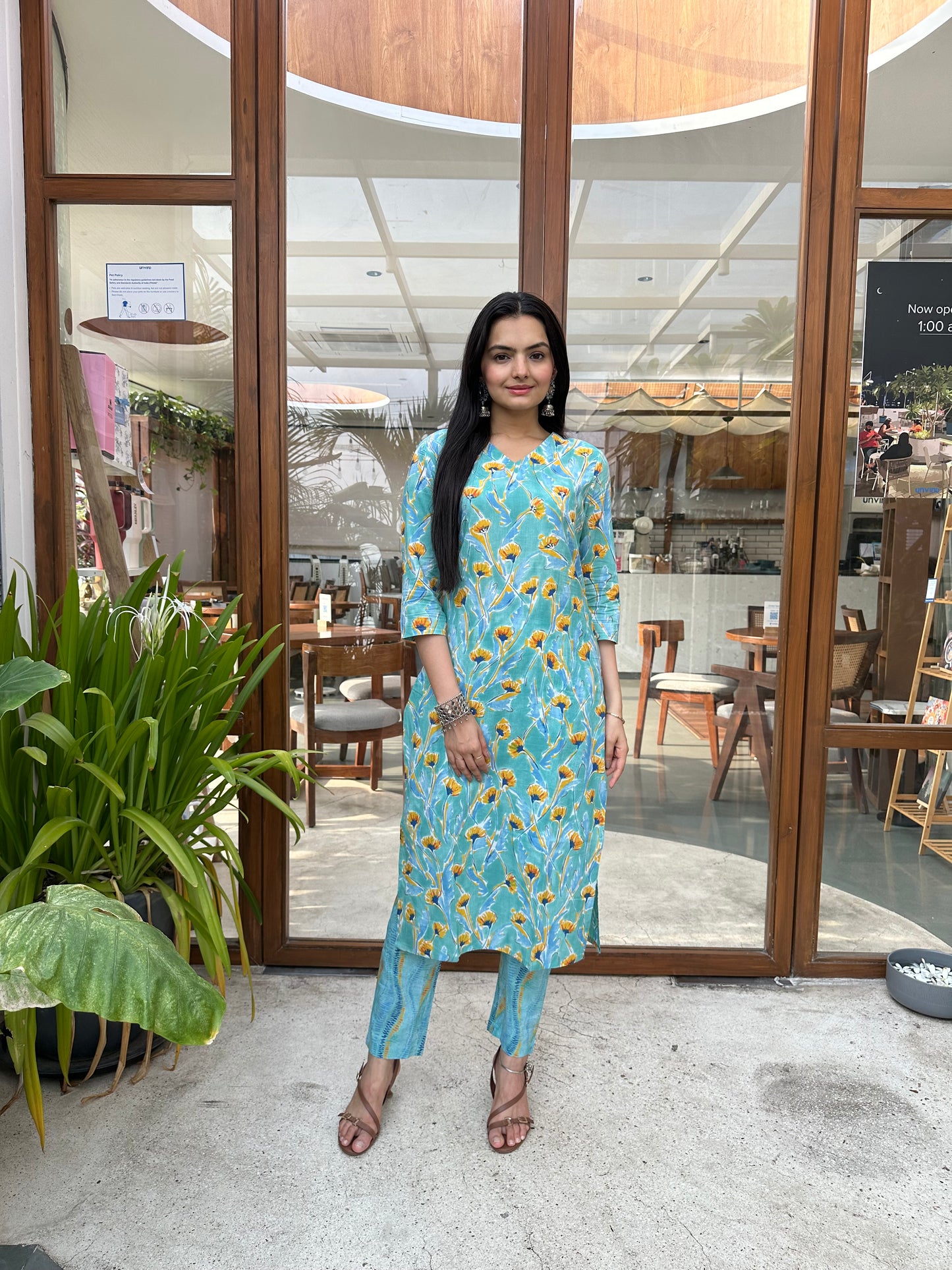 Ethnic Sky Blue Jaipuri Print Kurti Pant Set