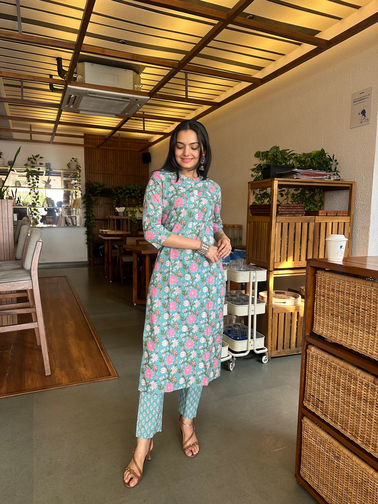 Turkish Blue Sanganeri Print Kurti Pant Set