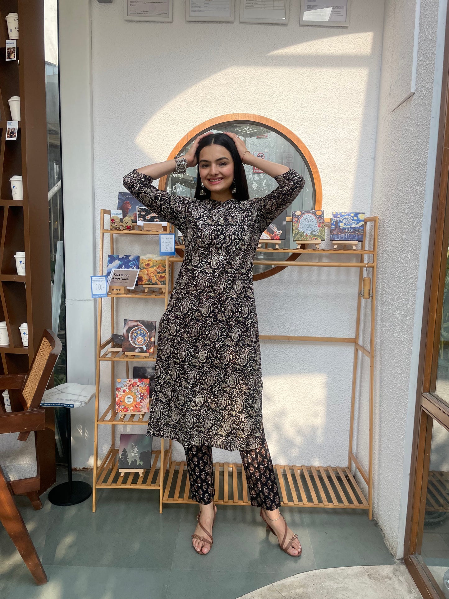 Black Paisley Motifs Print Kurti Pant Set