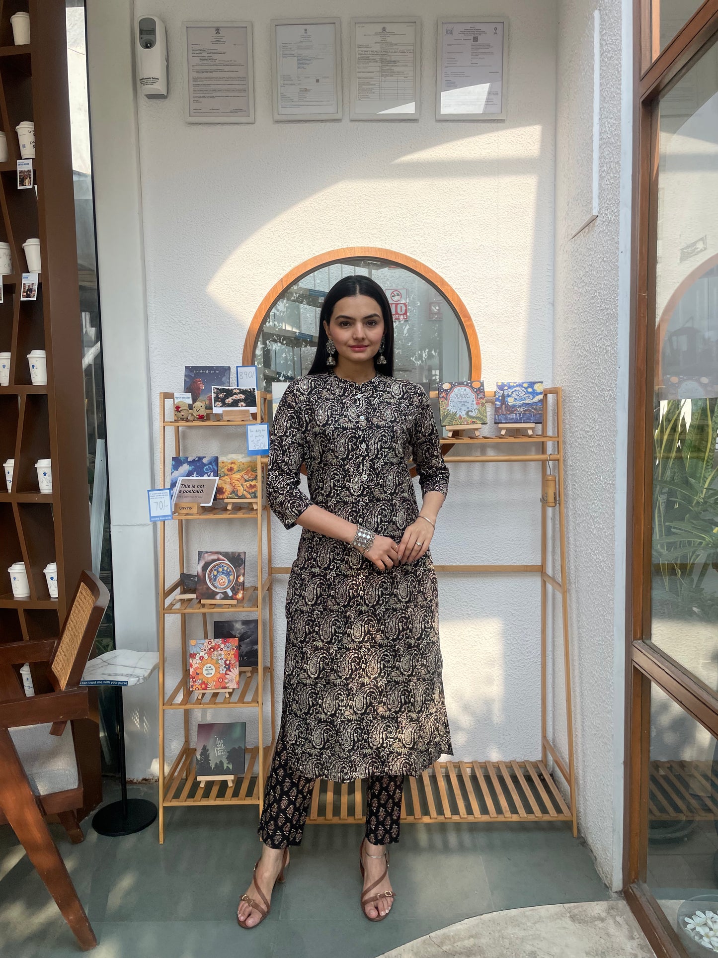 Black Paisley Motifs Print Kurti Pant Set
