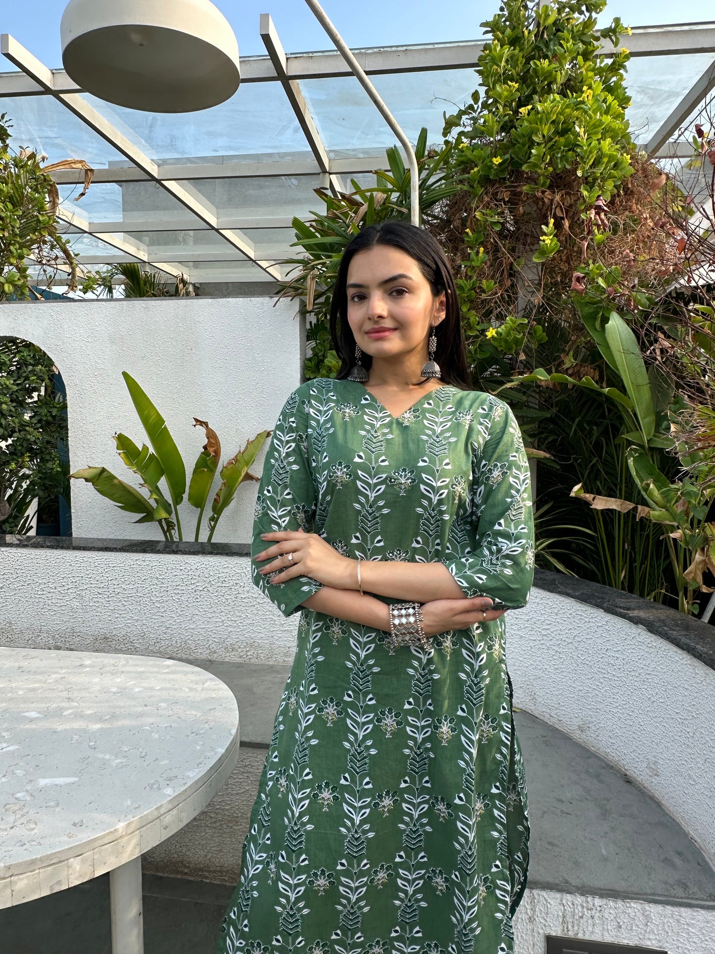 Bottle Green Forest Leaf Print Kurti Pant Set