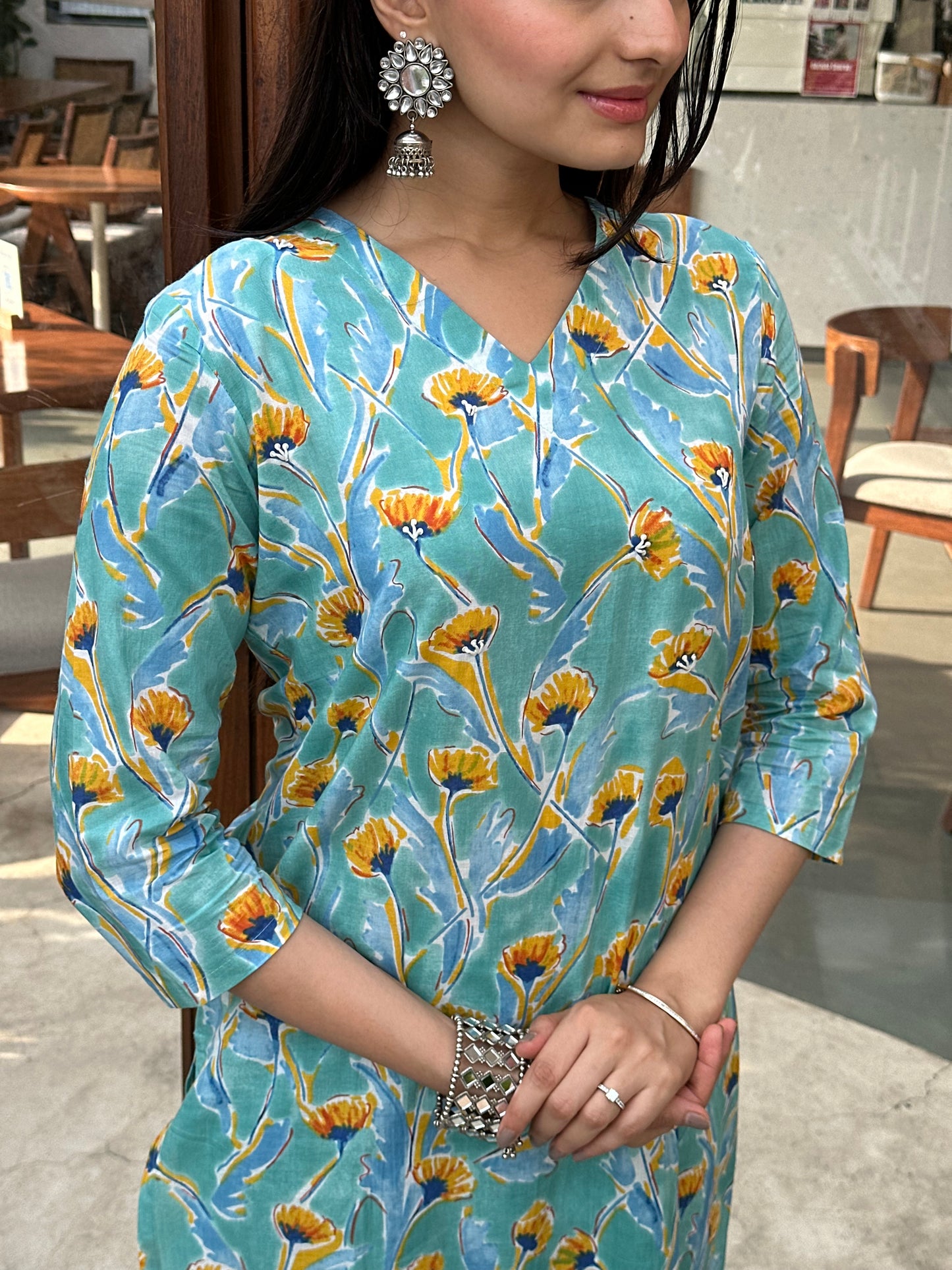 Ethnic Sky Blue Jaipuri Print Kurti Pant Set