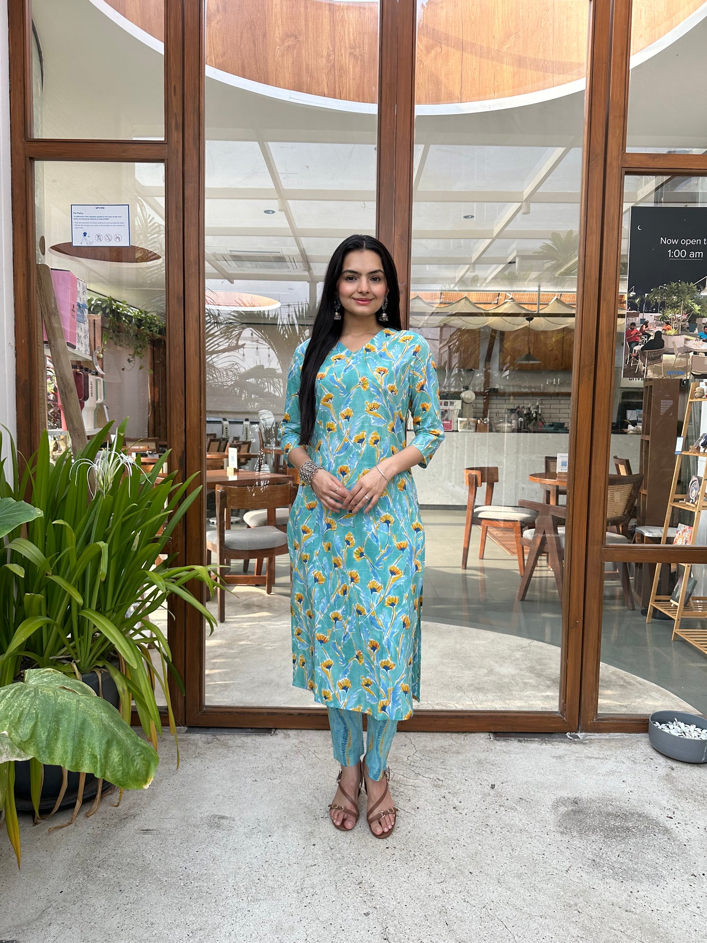 Ethnic Sky Blue Jaipuri Print Kurti Pant Set