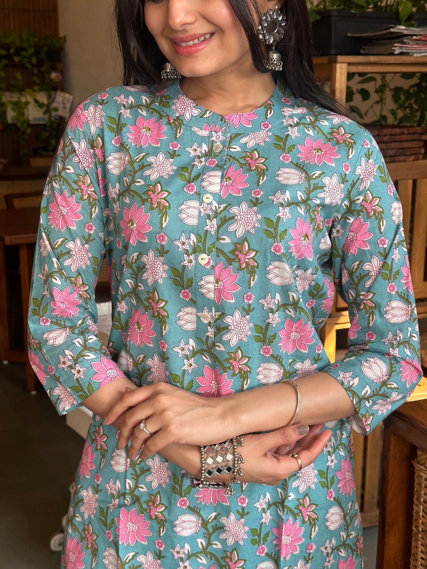 Turkish Blue Sanganeri Print Kurti Pant Set
