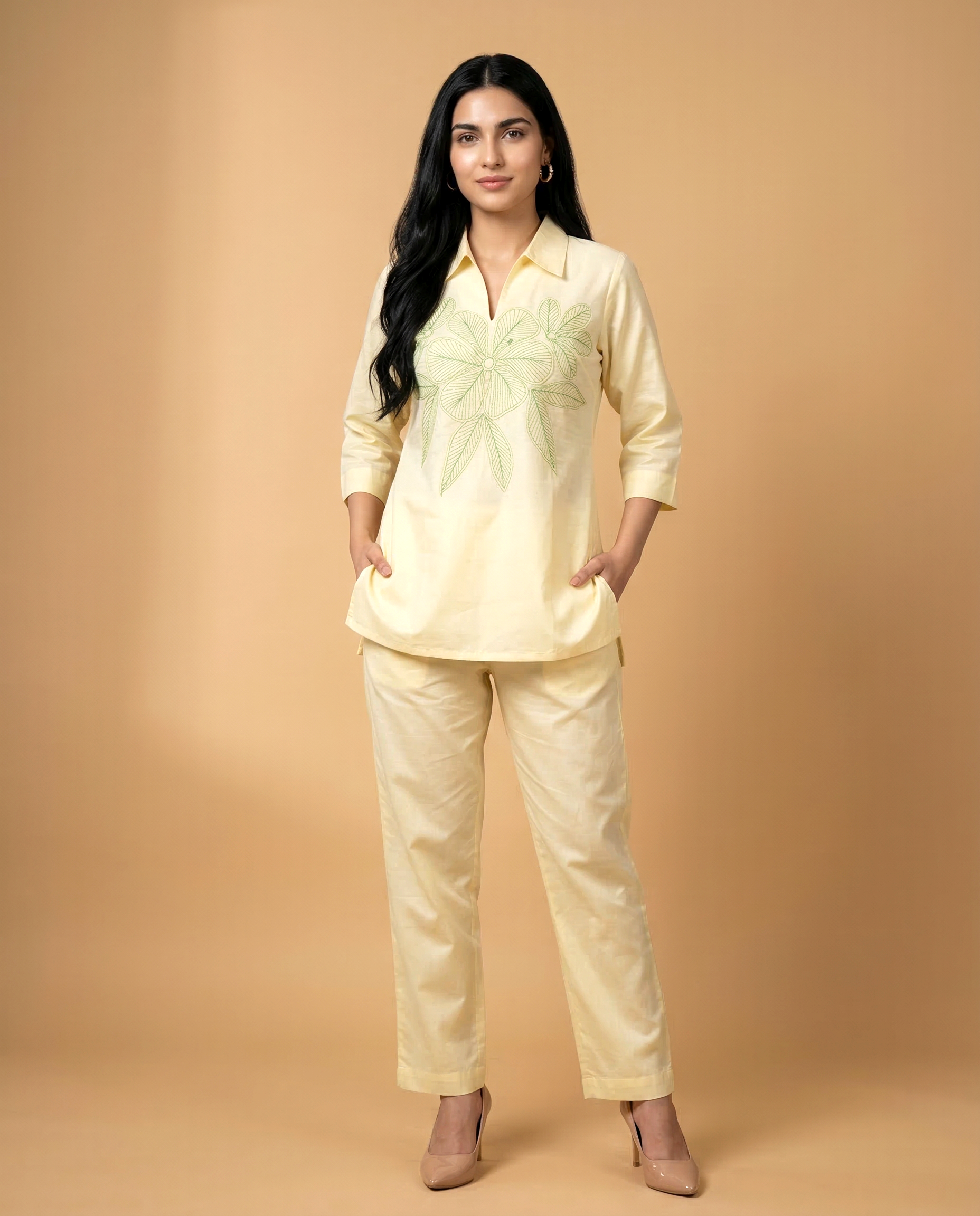 Elegant Lemon Floral Applique Cotton Oxford Coord Set