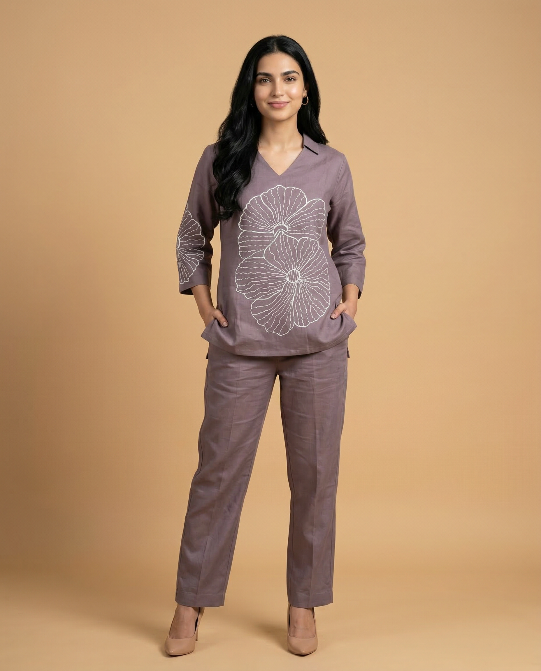 Dusty Mauve Thread Embroidered Cotton Oxford Coord Set