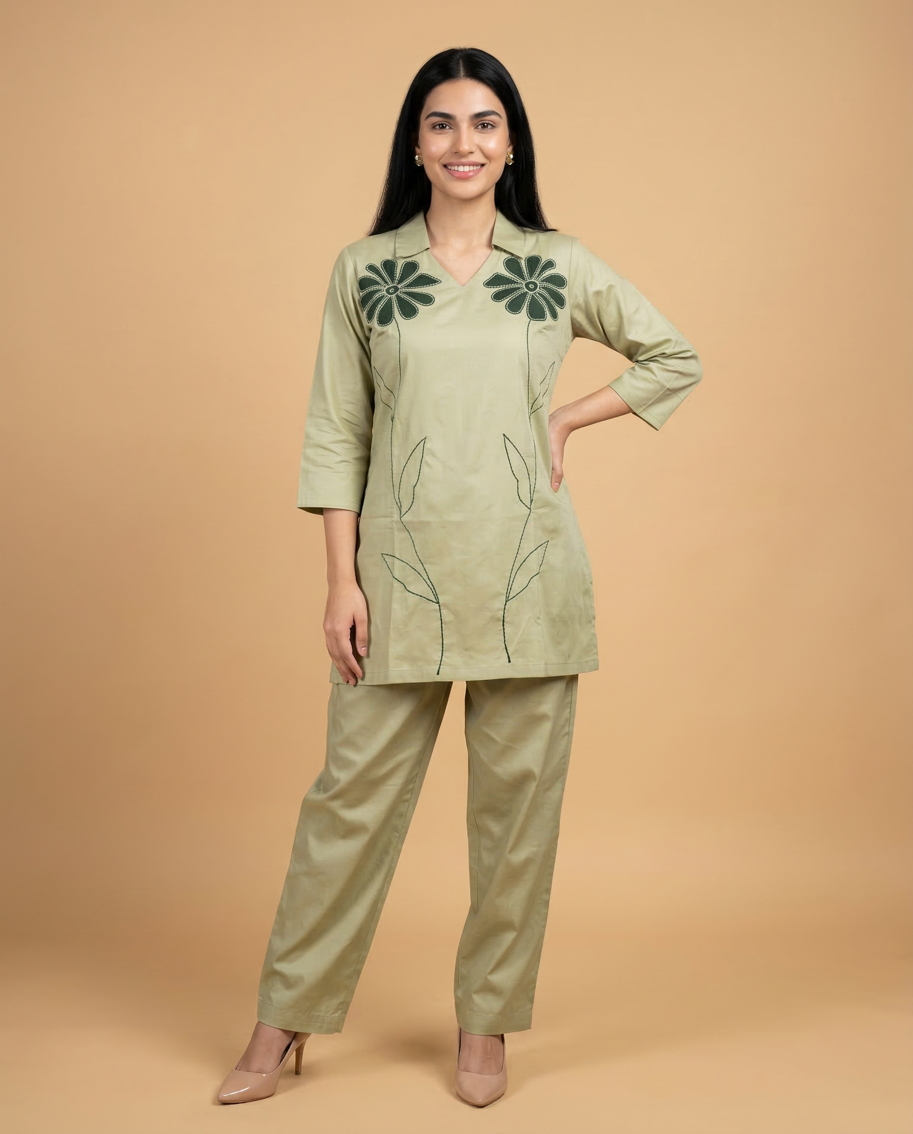 Saga Green Floral Applique Cotton Oxford Coord Set