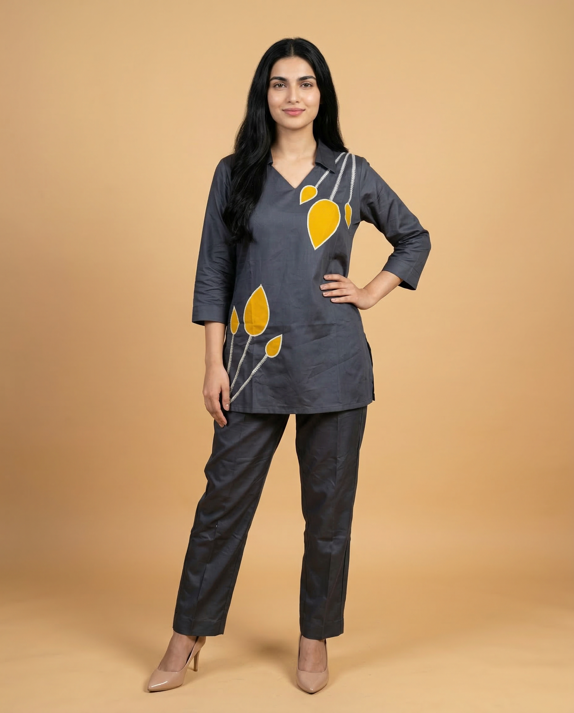 Charcoal Grey Leaf Applique Cotton Oxford Coord Set