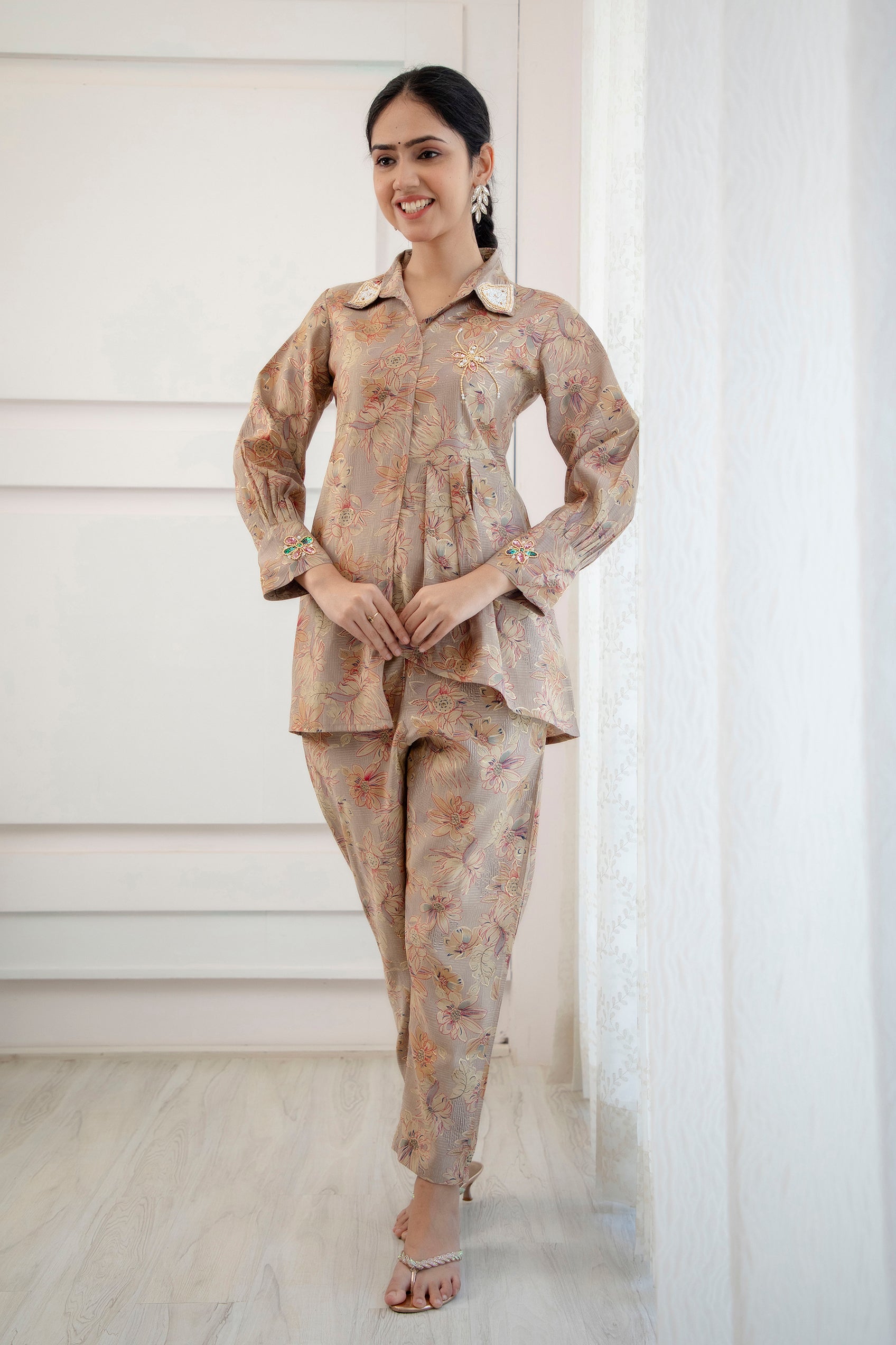 Beige Hand embroidery coord set