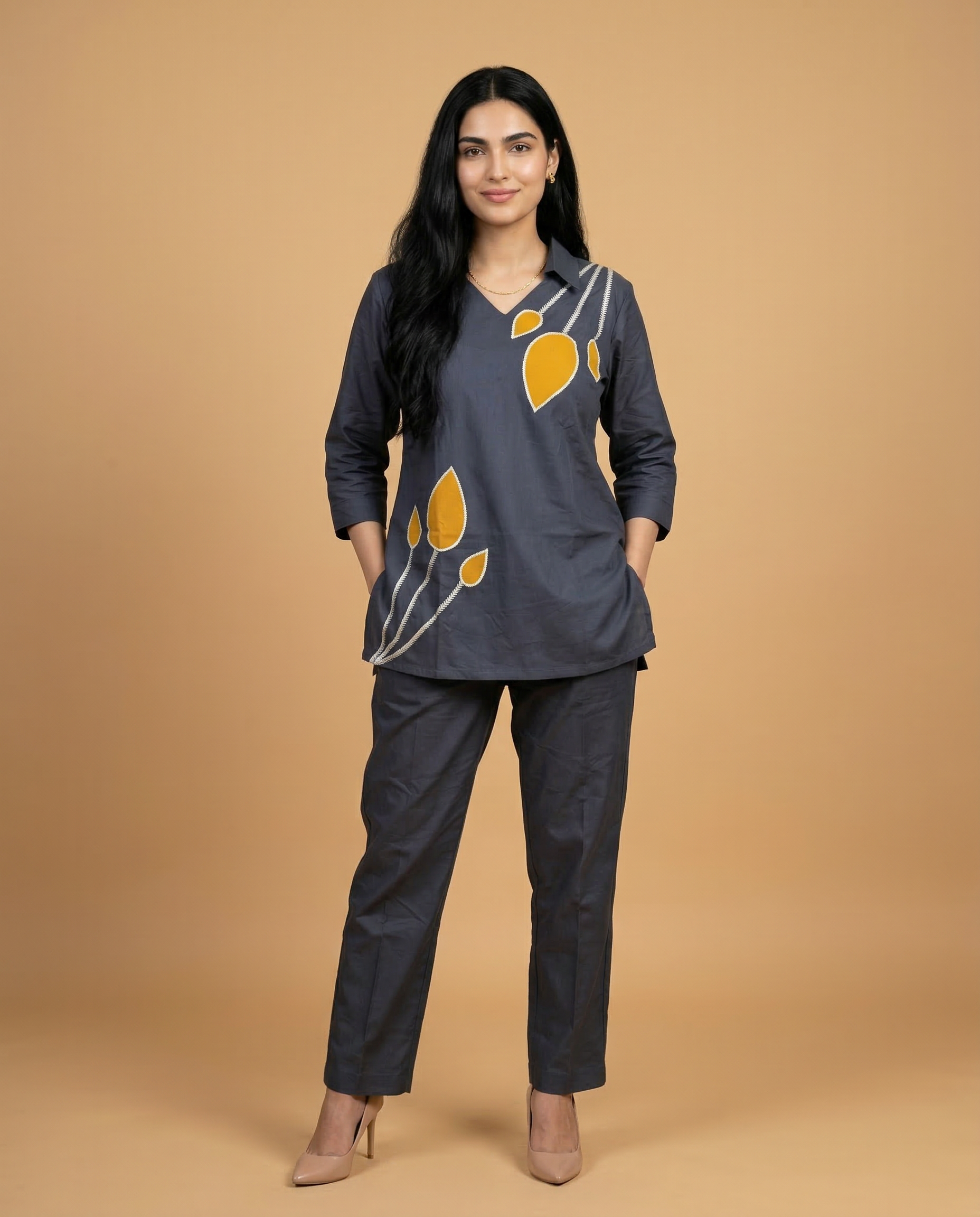 Charcoal Grey Leaf Applique Cotton Oxford Coord Set