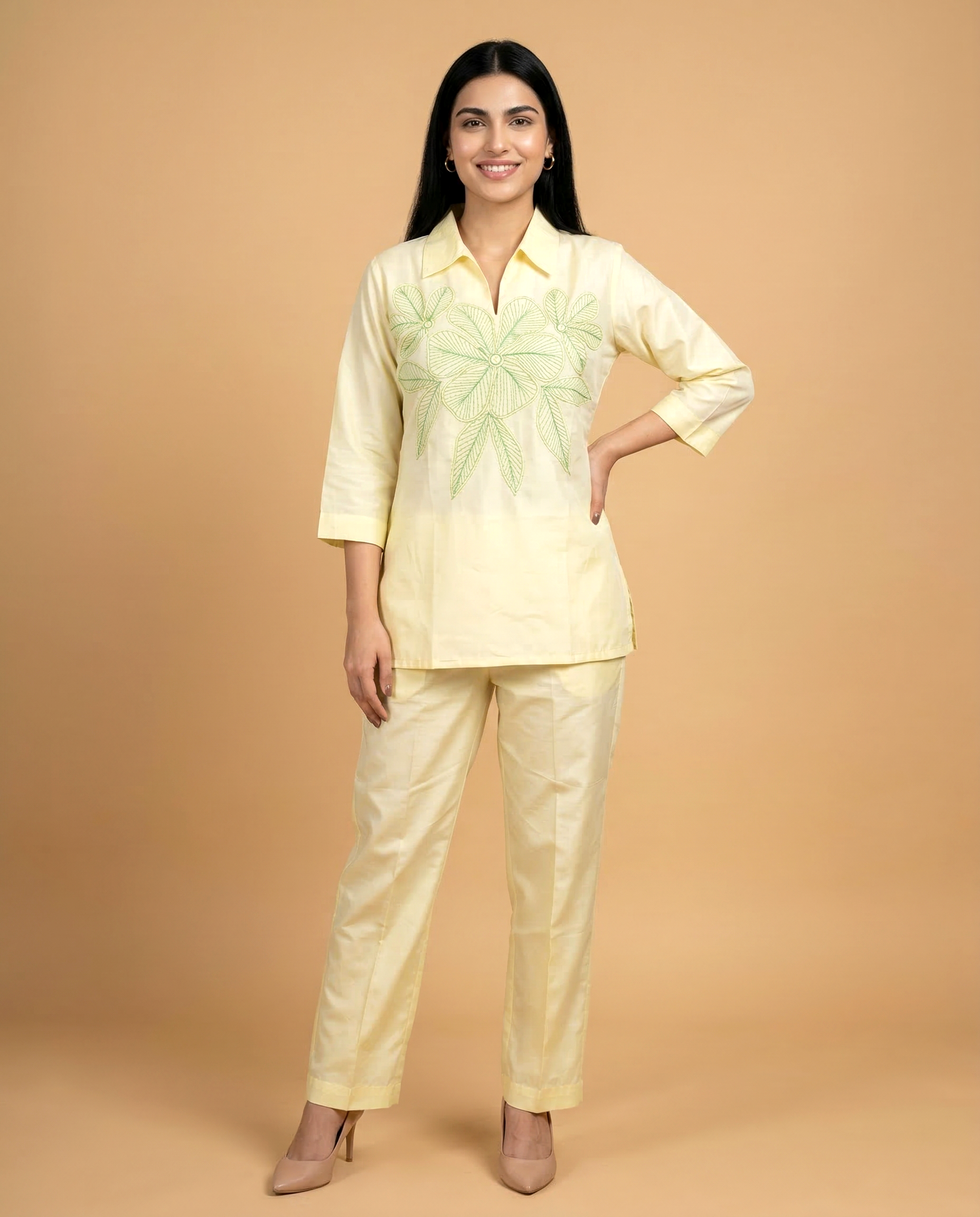 Elegant Lemon Floral Applique Cotton Oxford Coord Set