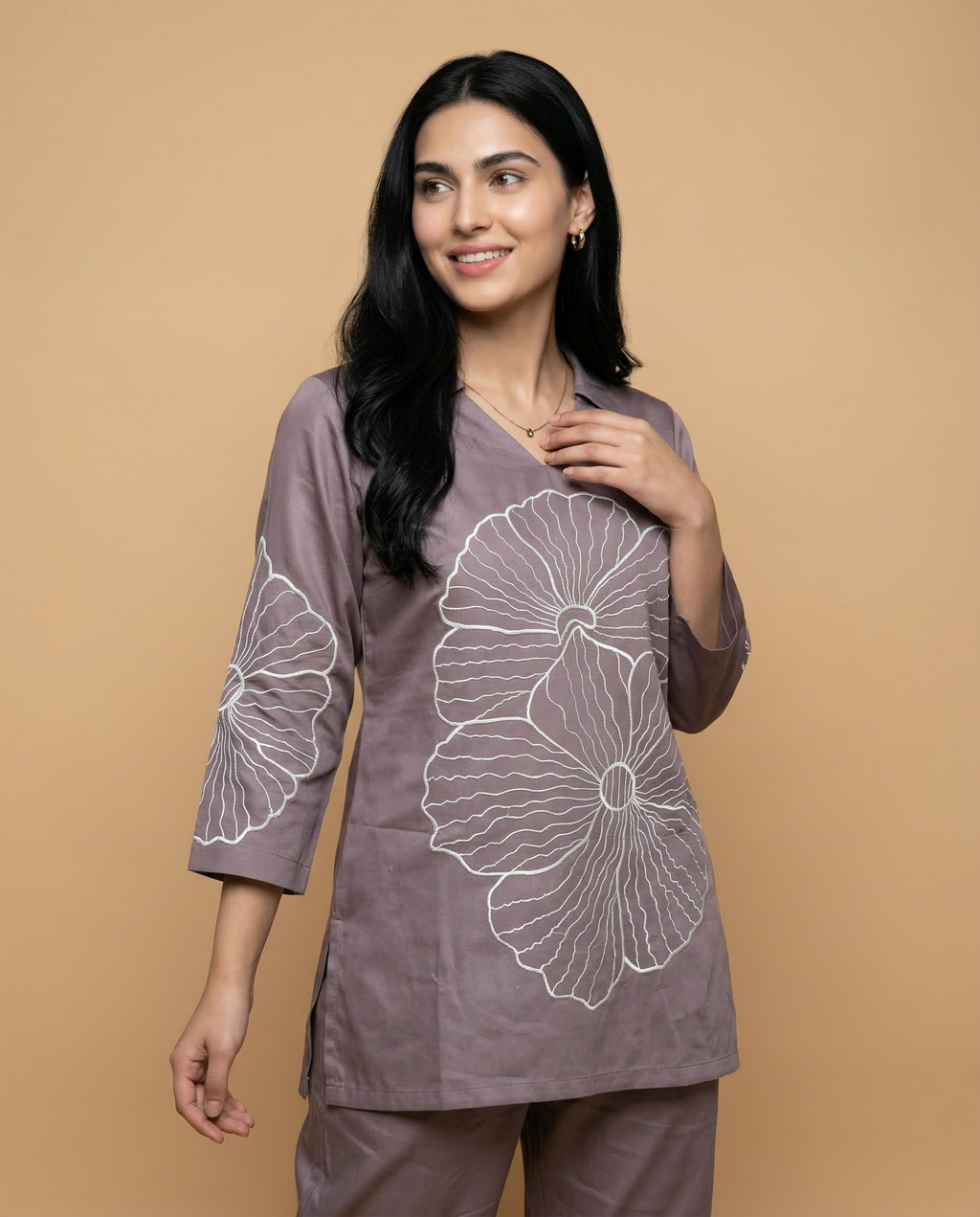 Dusty Mauve Thread Embroidered Cotton Oxford Coord Set