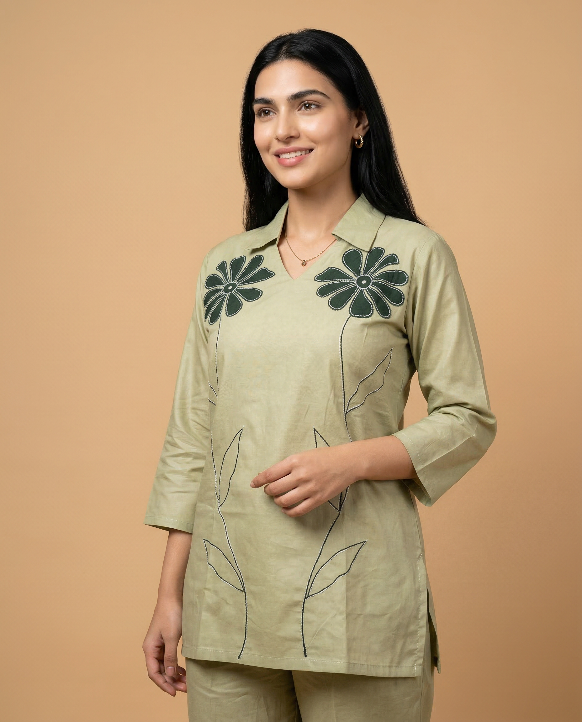 Saga Green Floral Applique Cotton Oxford Coord Set