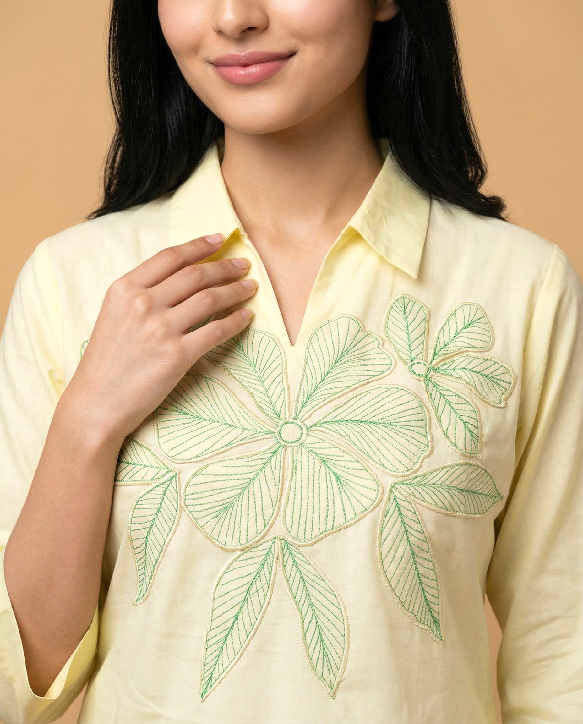 Elegant Lemon Floral Applique Cotton Oxford Coord Set