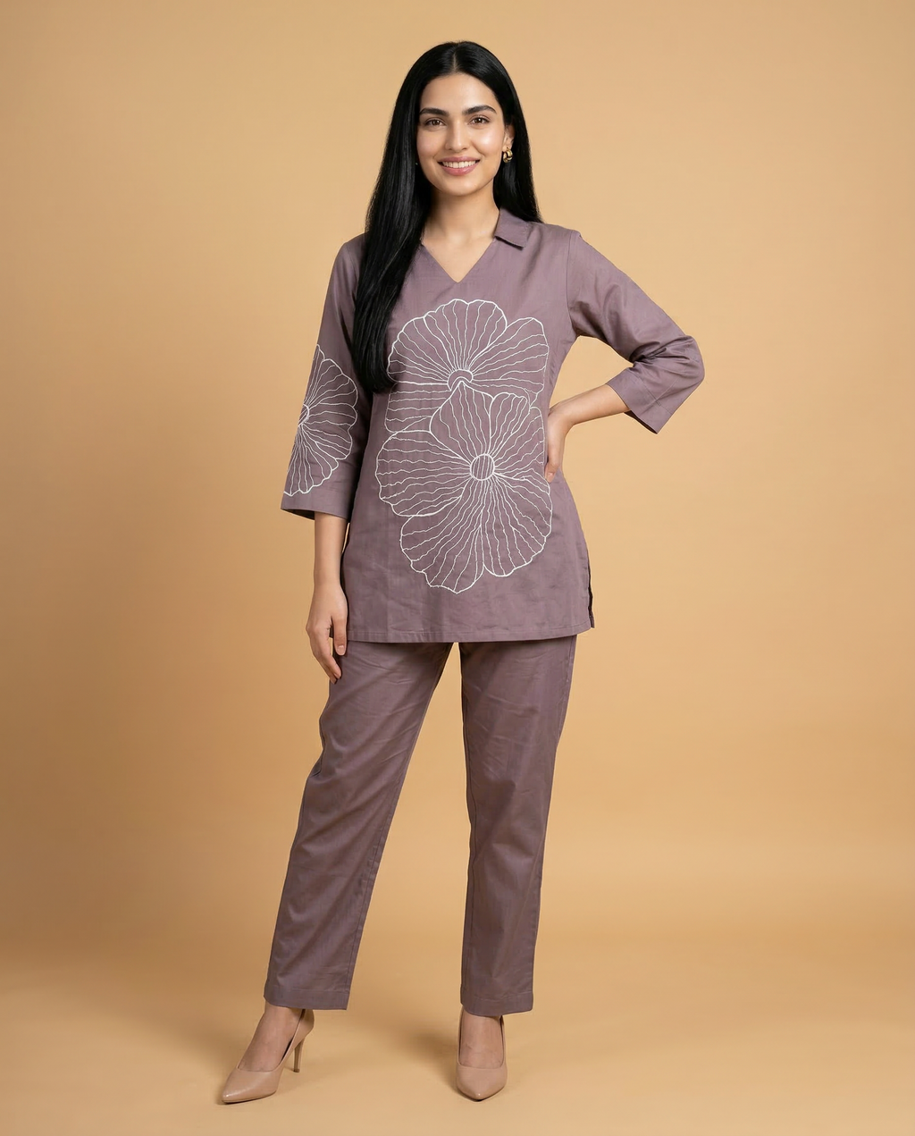 Dusty Mauve Thread Embroidered Cotton Oxford Coord Set