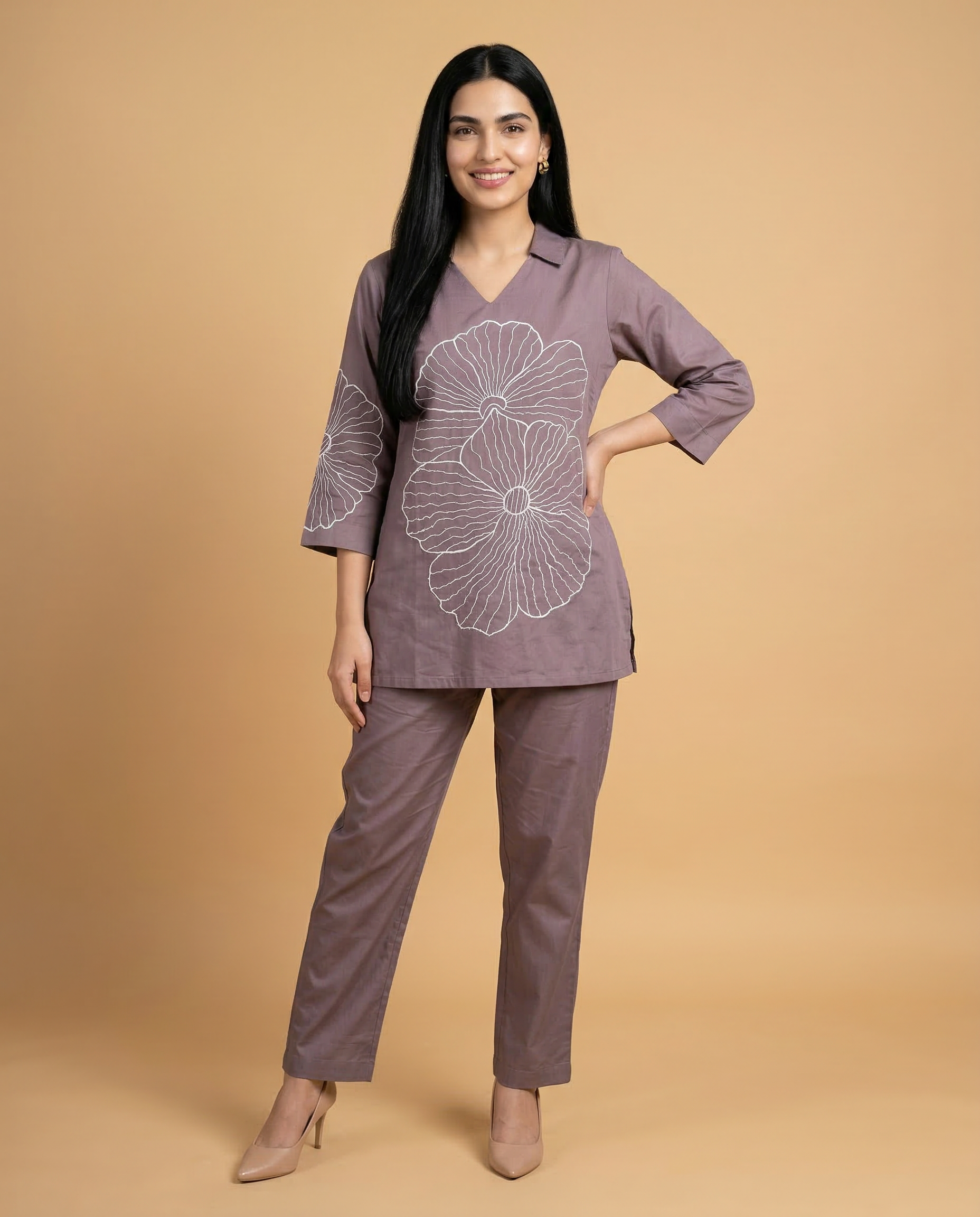 Dusty Mauve Thread Embroidered Cotton Oxford Coord Set