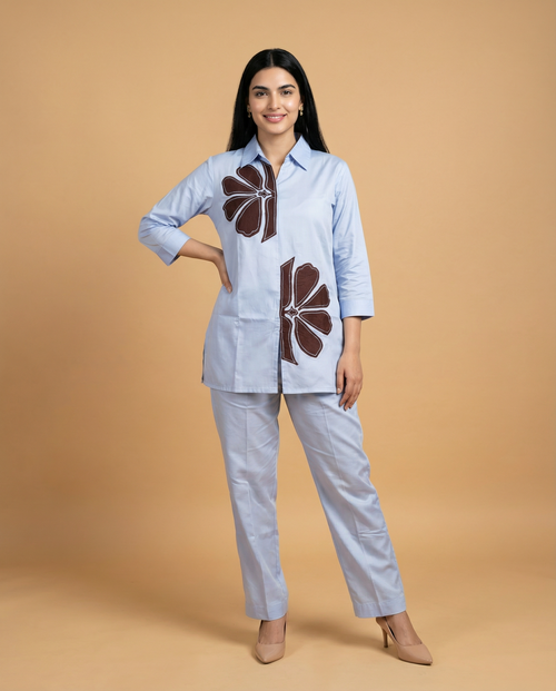 Ocean Blue Solid Applique Giza Silk Coord Set