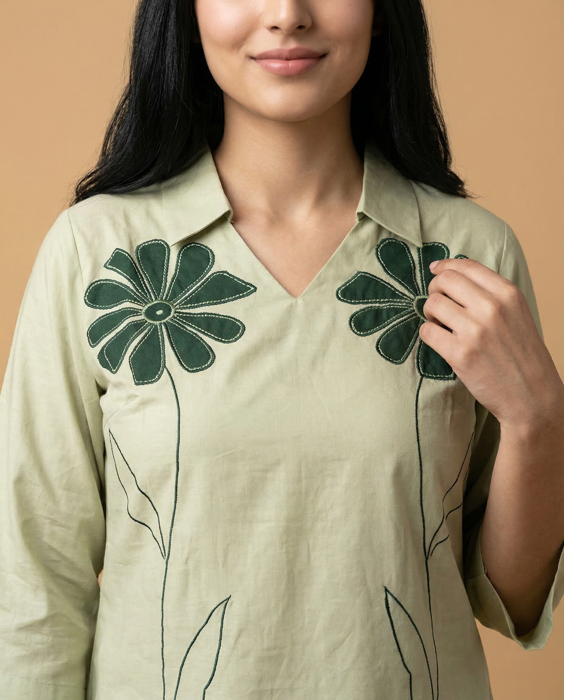 Saga Green Floral Applique Cotton Oxford Coord Set