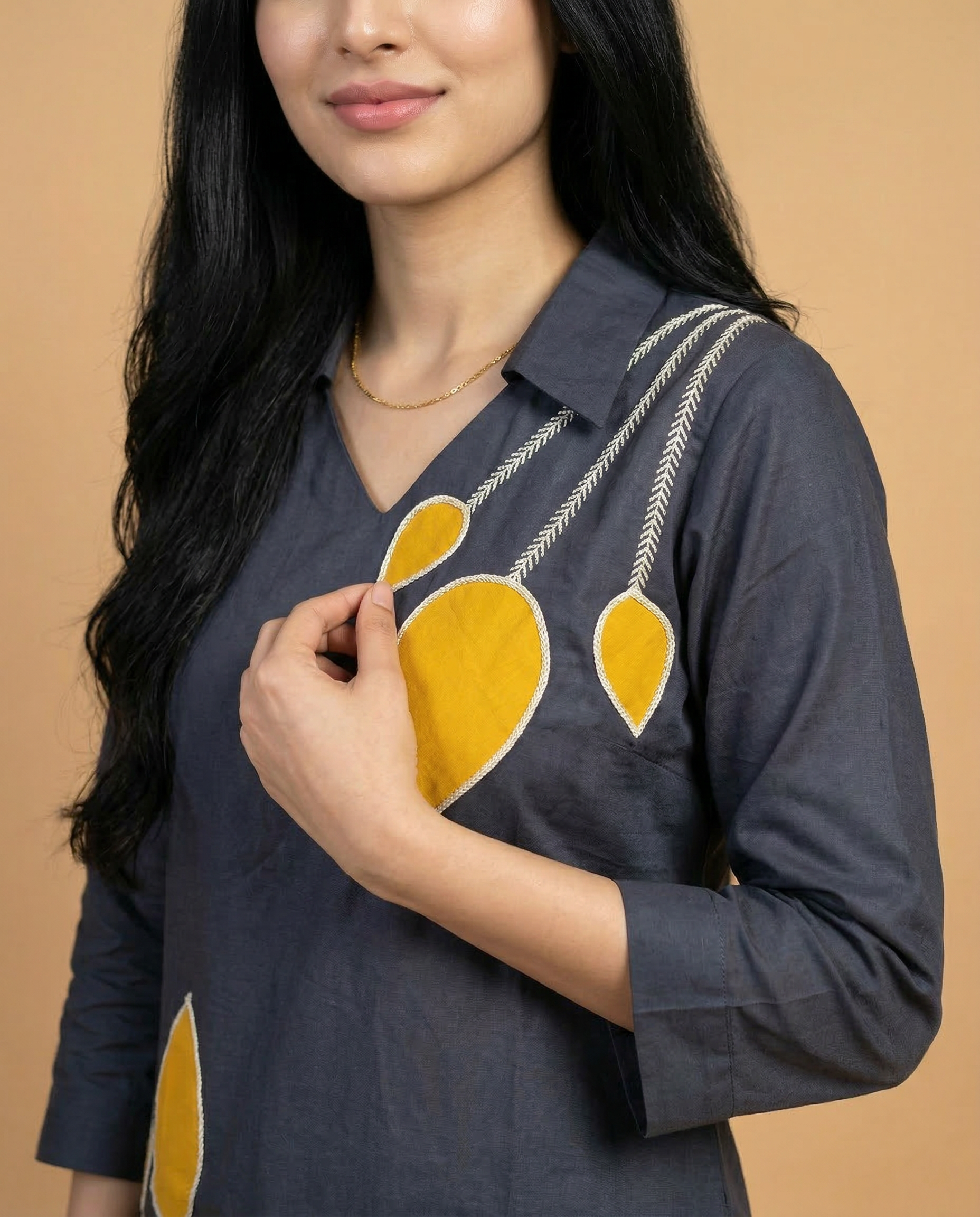 Charcoal Grey Leaf Applique Cotton Oxford Coord Set