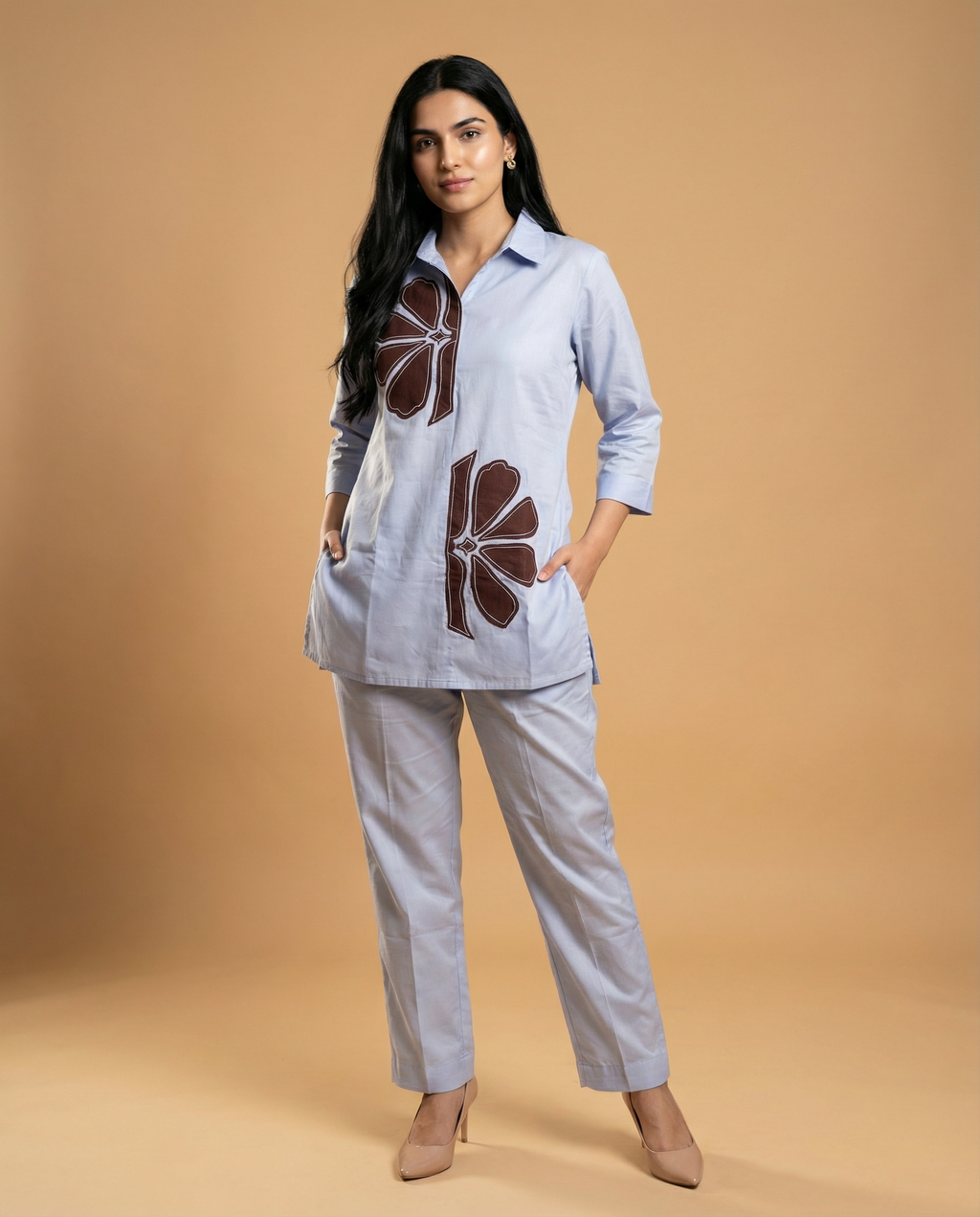 Ocean Blue Solid Applique Giza Silk Coord Set