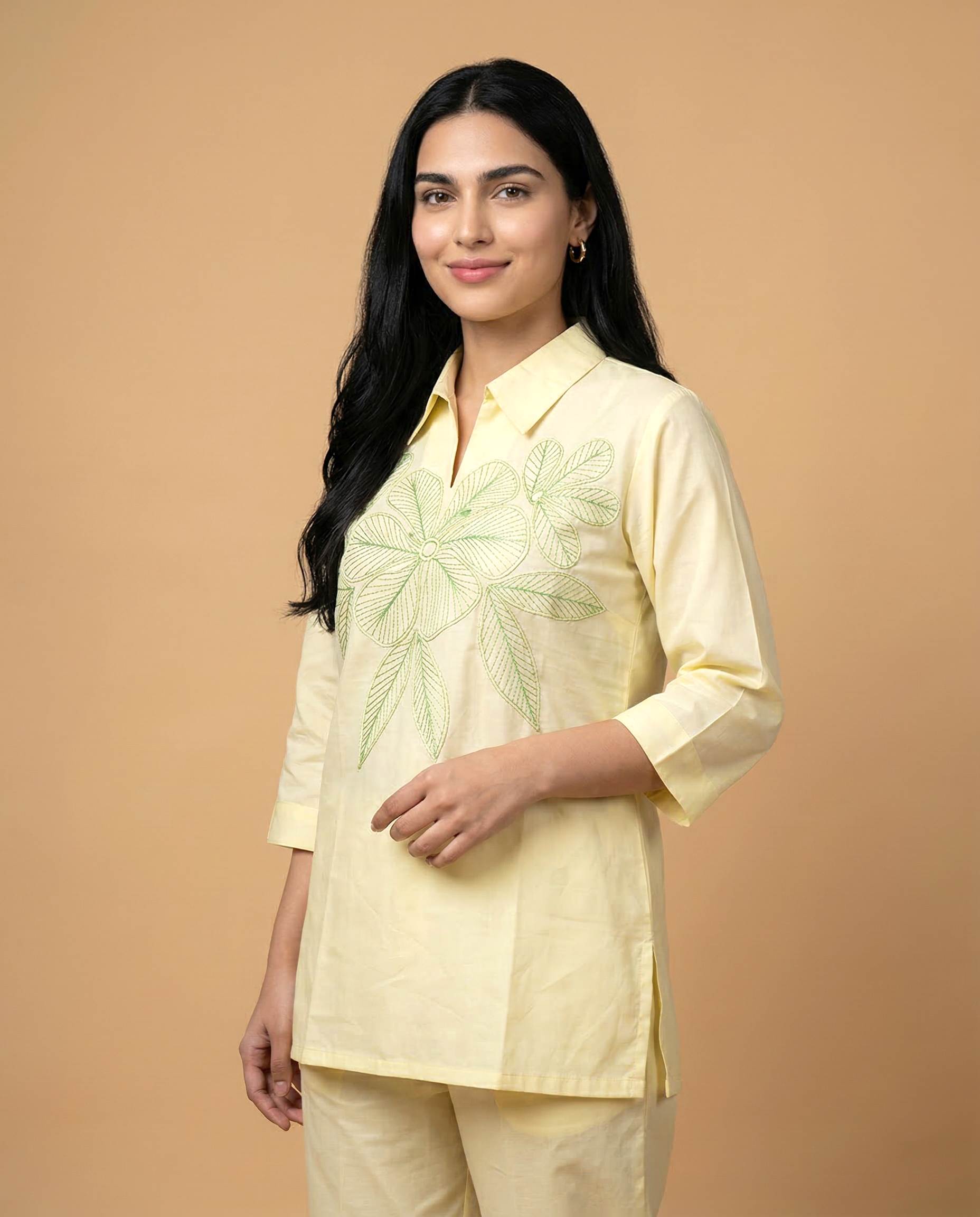 Elegant Lemon Floral Applique Cotton Oxford Coord Set