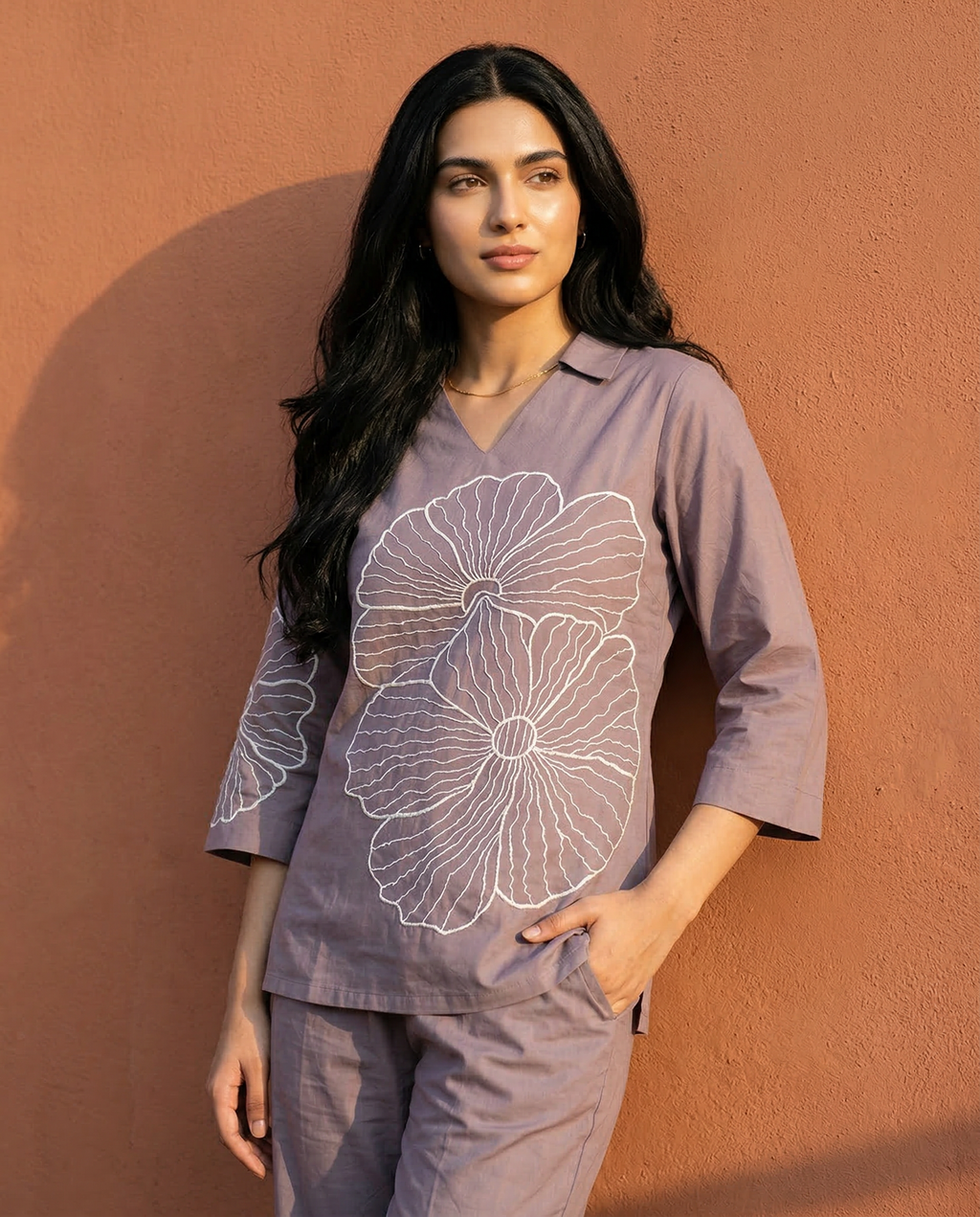 Dusty Mauve Thread Embroidered Cotton Oxford Coord Set