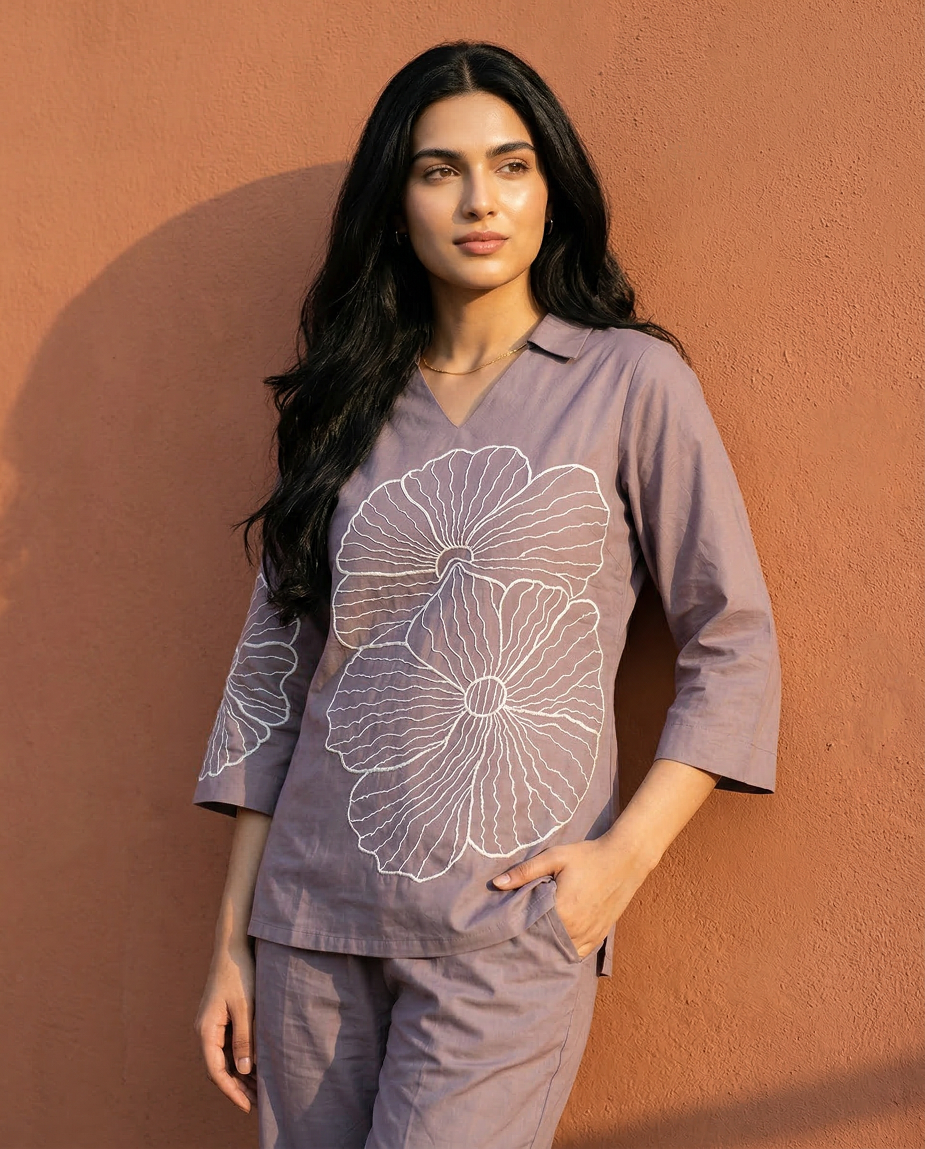 Dusty Mauve Thread Embroidered Cotton Oxford Coord Set